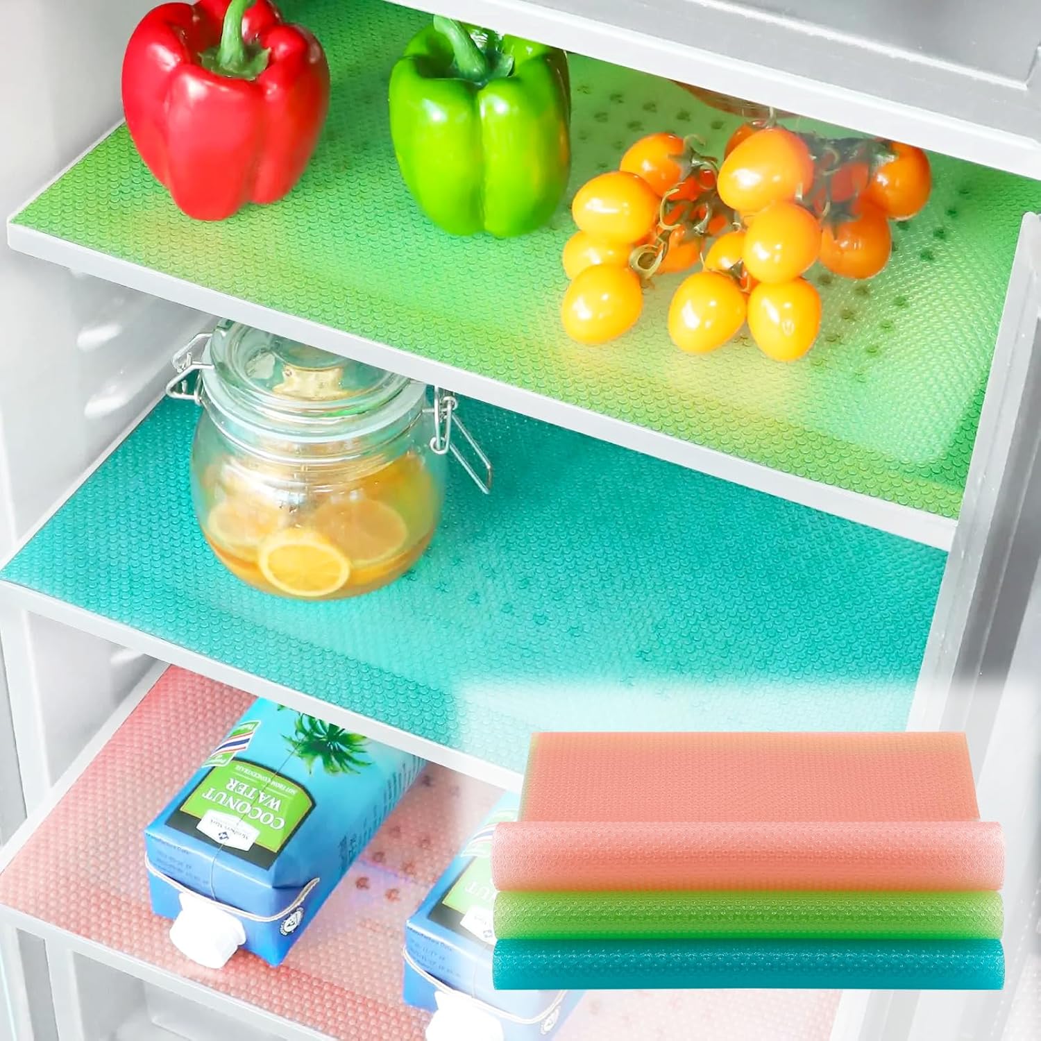 6 Pcs Refrigerator Liners, Fridge Liner and Mats Washable, Refrigerator Shelf Liners for Shelves, 3 Color Mixed