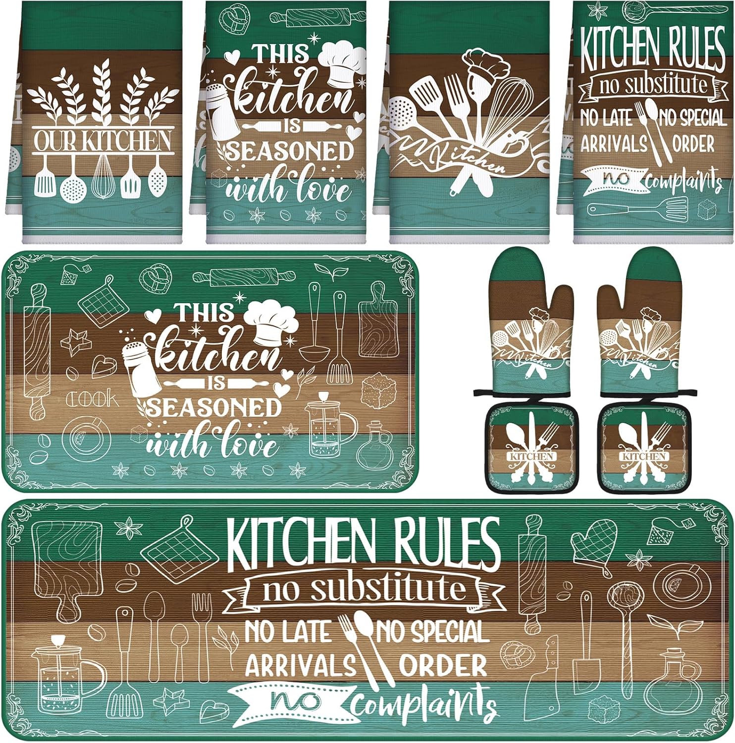 Fourluoo 10 Pcs Farmhouse Kitchen Decor and Accessories Set 4 Kitchen Towels 2 Pot Holders 2 Oven Mitts 2 Rugs for Cooking Baking Mom Housewarming Gifts(Green,Appealing Style)