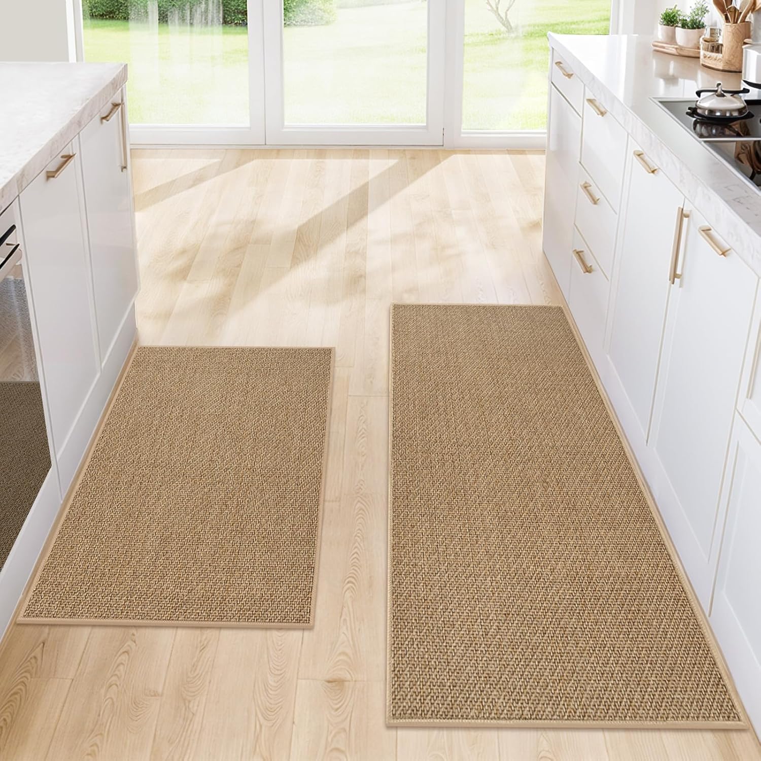 Kitchen Rugs and Mats, Non Slip Washable Set of 2 PCS, Absorbent Kitchen Mats for Floor, Kitchen Runner Rug, Rubber Backing, for Kitchen Decor, Front of Sink(Khaki, 20’’x 32’’+ 20’’x 47’’)
