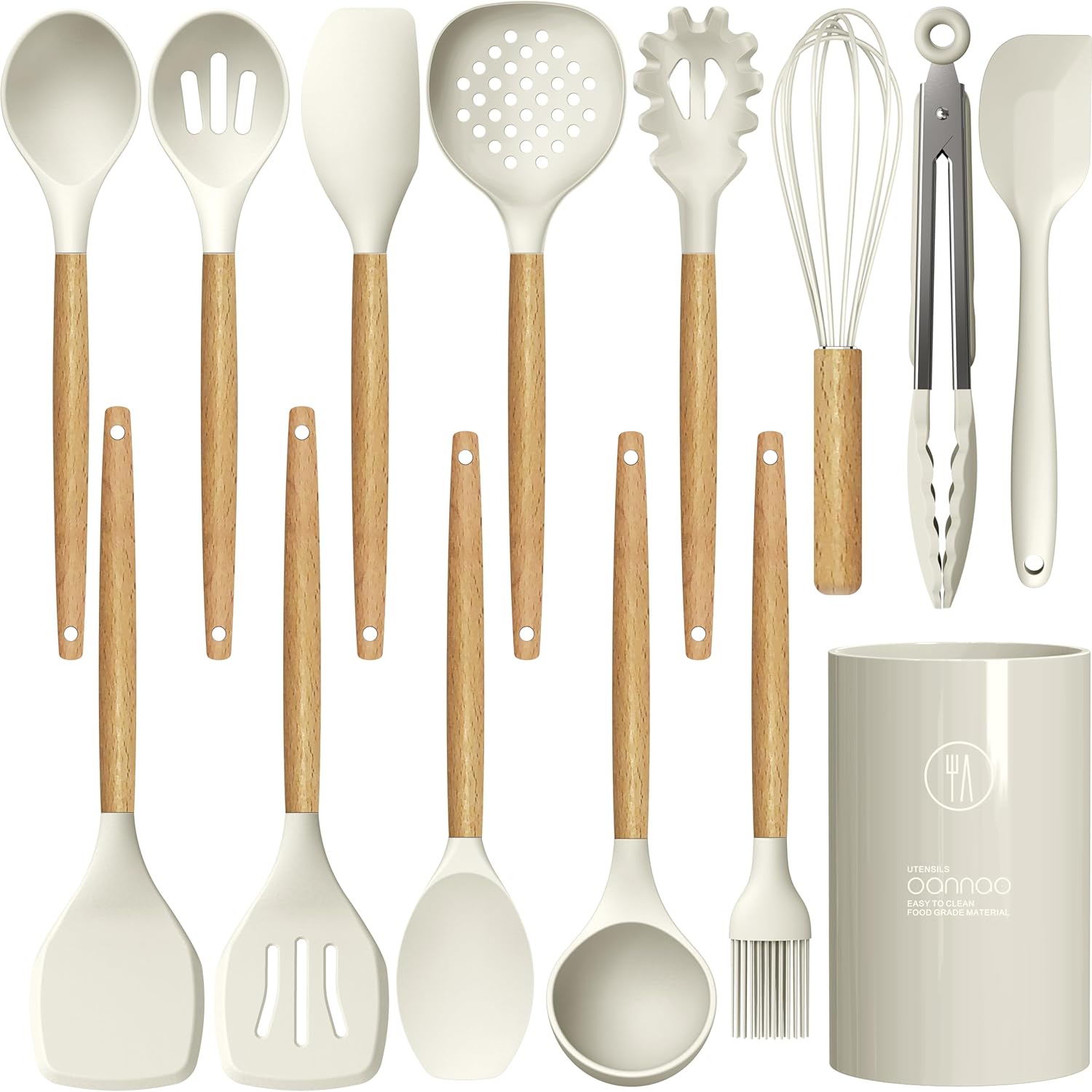 oannao Silicone Cooking Utensils Set – 446°F Heat Resistant Silicone Kitchen Utensils for Cooking,Kitchen Utensil Spatula Set w Wooden Handles, BPA FREE Gadgets for Non-Stick Cookware (Khaki)