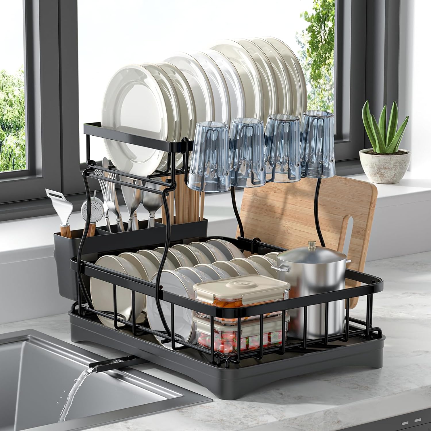 2 Tier Dish Rack, Carbon Steel Dish Drying Rack for Kitchen Organization & Storage, Countertop / Sink Dish Rack with Automatic Drain Tray, Large Capacity Black Dish Rack – Essential Home Kitchen Item