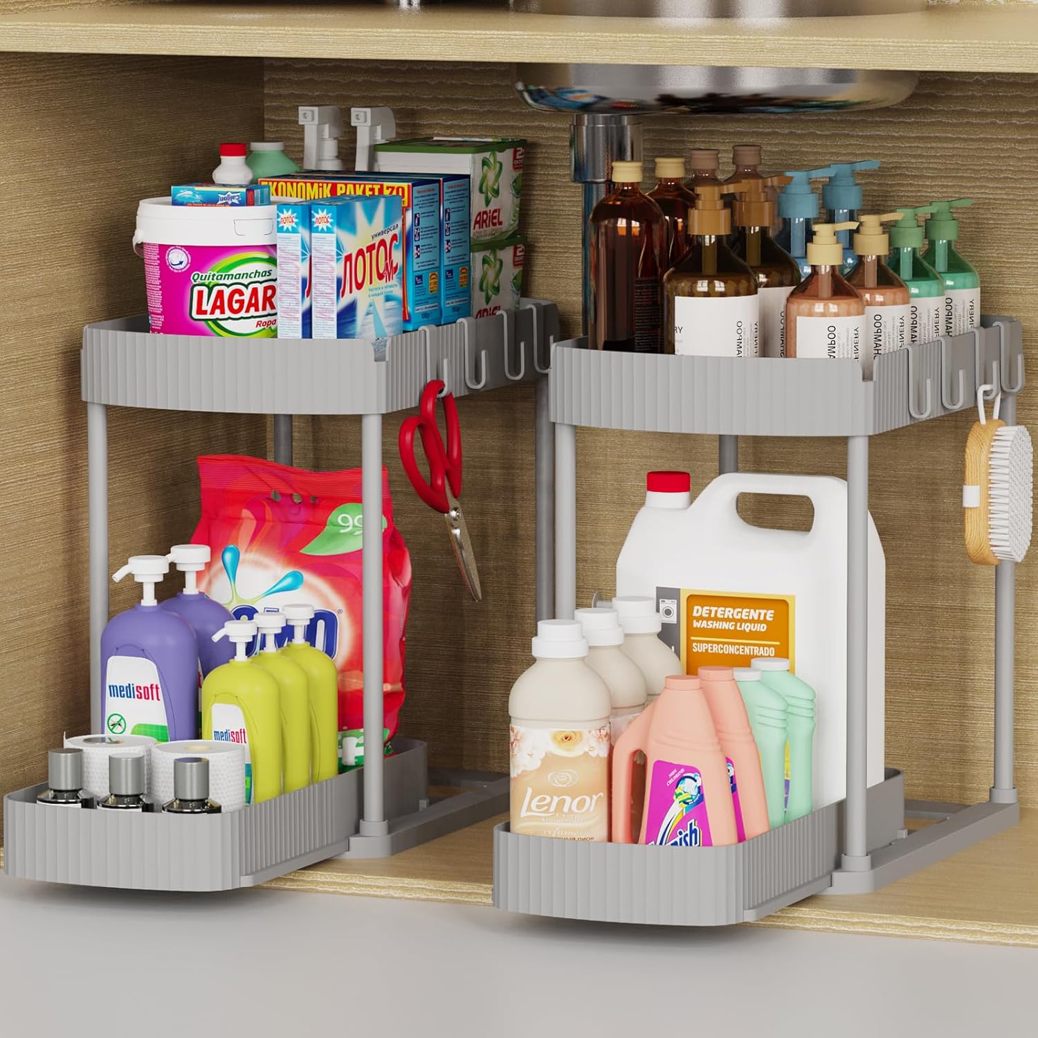 Ukeetap 2 Pack Multi-Purpose Pull-Out Storage Organizers, Under Sink Organizers and Storage for Bathroom & Kitchen, Under Cabinet Organizers and storage, 12.8 Inch, Grey