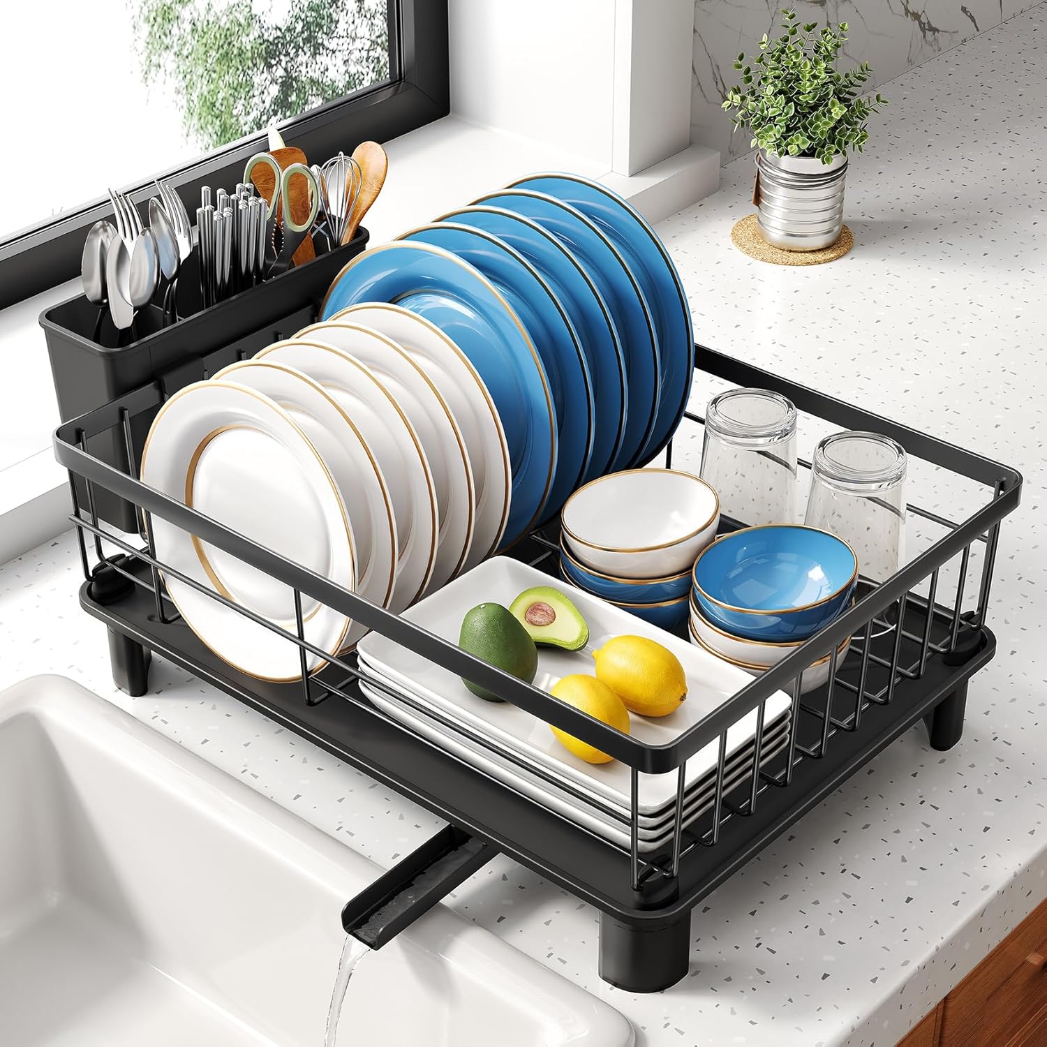 SNTD Dish Drying Rack – Space-Saving Dish Rack for Kitchen Counter, Stainless Steel Dish Drainer with Utensil Holder and Drainboard, 11″ W x 15″ L (Black)