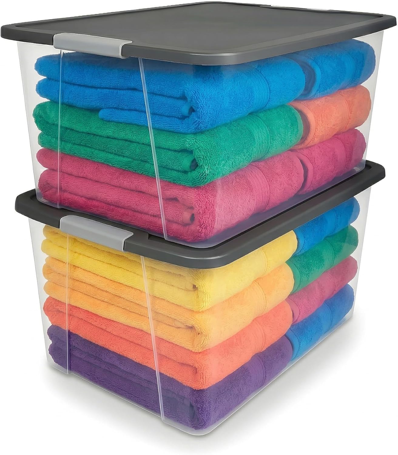 HOMZ 2-Pack Secure Latch, Clear Plastic Storage Organizer Bins, 64 Quart, Gray Lid – Heavy-Duty Container Boxes with Lids for Home, Office, and Garage