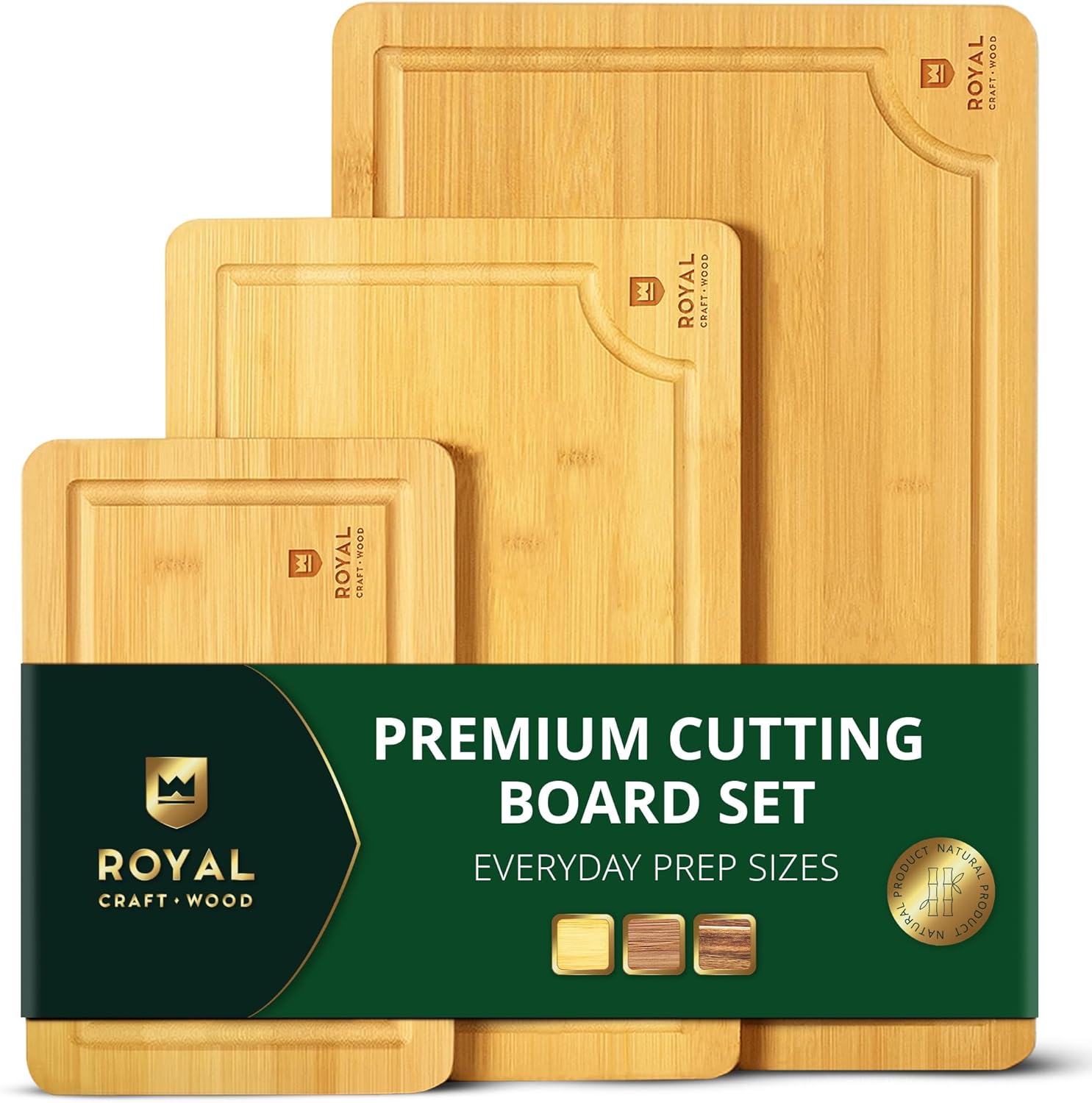 ROYAL CRAFT WOOD Wooden Cutting Boards for Kitchen Meal Prep & Serving – Bamboo Wood Serving Board Set with Deep Juice Groove Side Handles – Charcuterie & Chopping Butcher Block for Meat