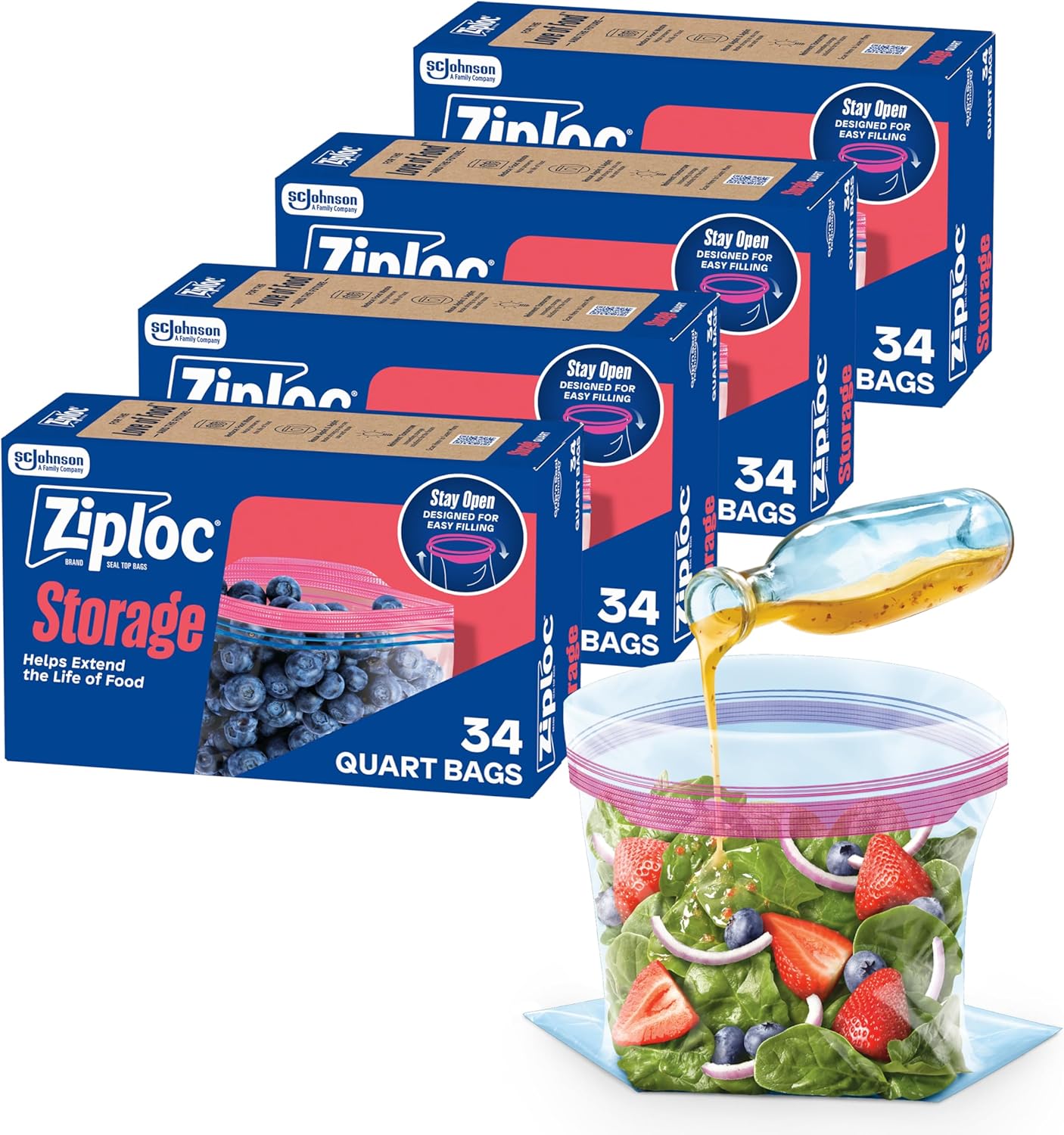 Ziploc Quart Food Storage Bags, Stand-Up Bottom, Easy to Fill, 136 Count