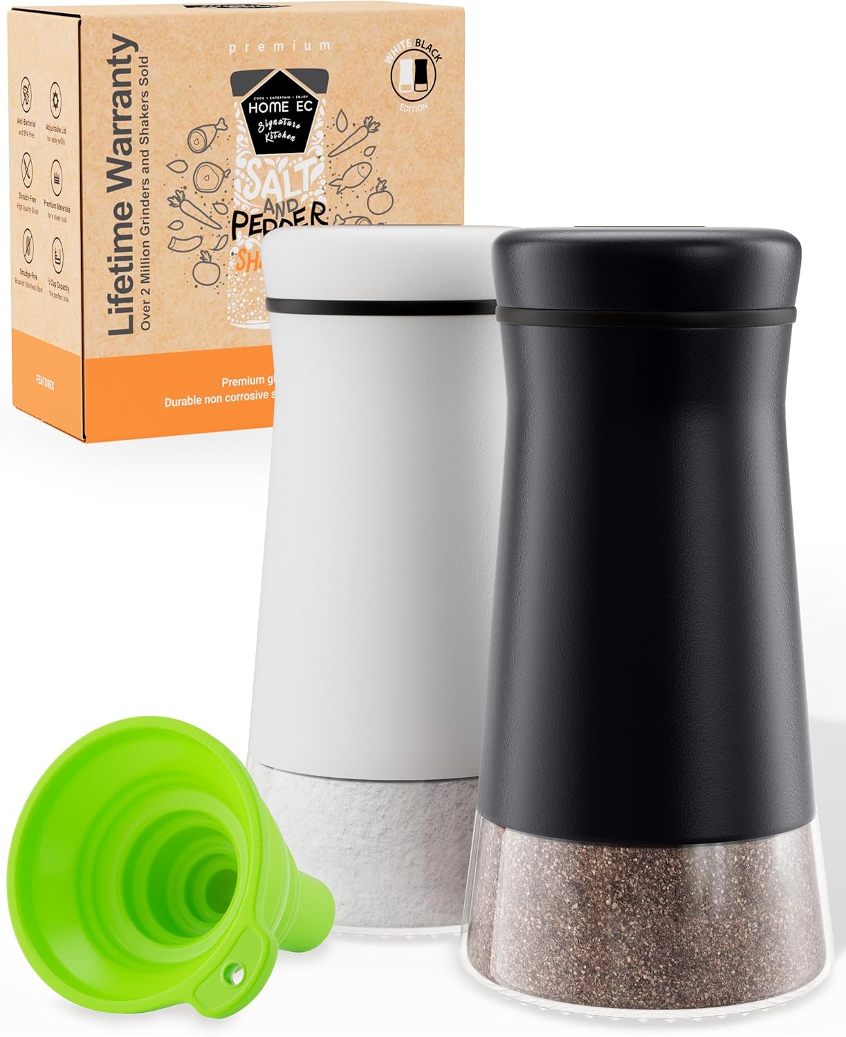 HOME EC Original Salt and Pepper Shakers Set with Adjustable Pour Holes – Black and White Salt Shaker and Pepper Shaker – Farmhouse Spice dispenser for salts, Ground peppercorn and spices