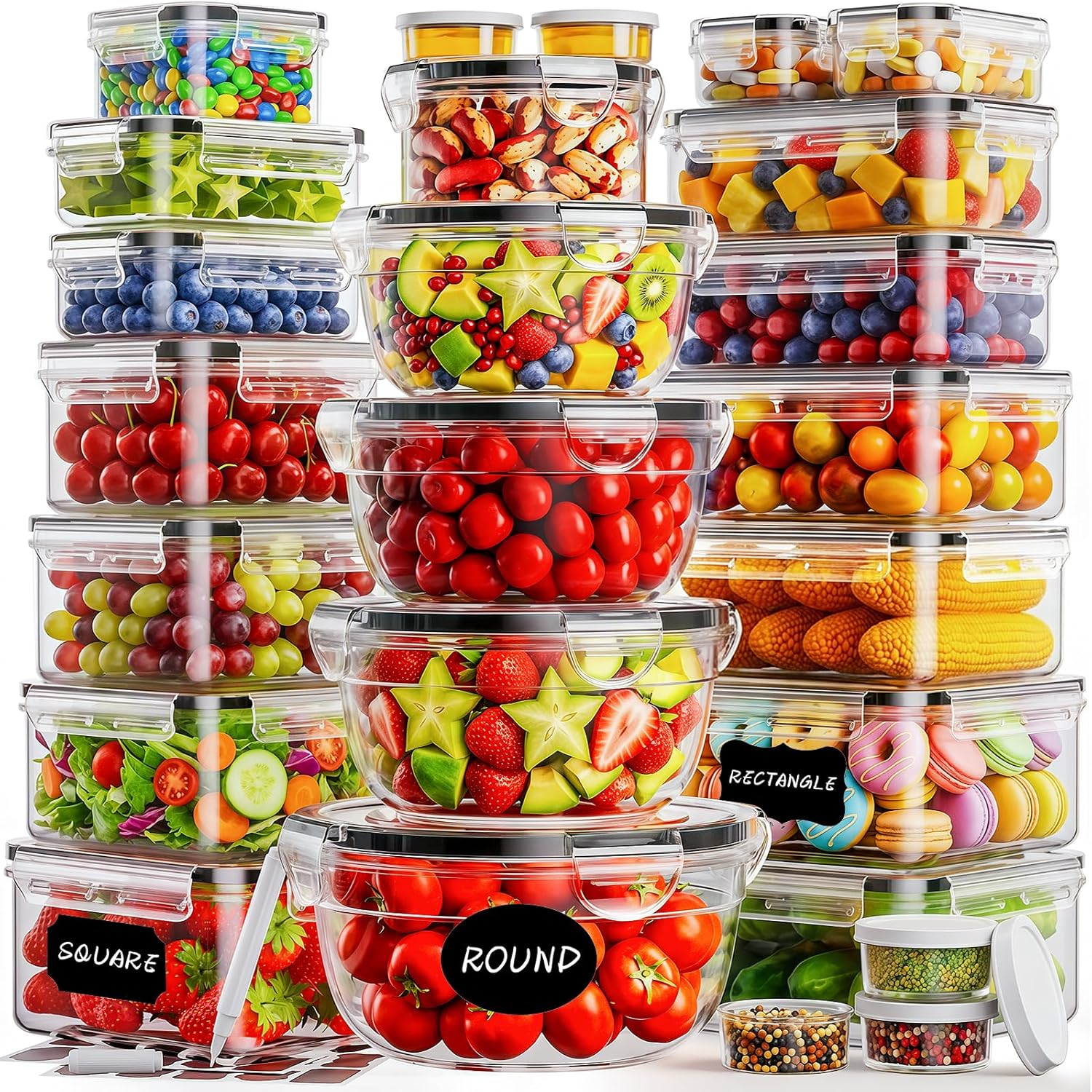 50 PCS Food Storage Containers with Lids (25 Containers & 25 Lids) – Reusable Plastic Food Containers for Kitchen Storage and Organization BPA-Free Leakproof Meal Prep Container with Labels & Pen