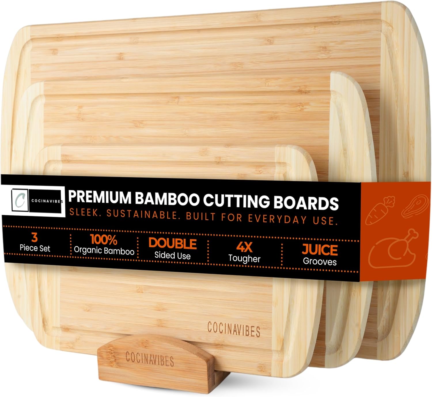 Bamboo Cutting Board Set – Charcuterie & Chopping Boards for Kitchen, Large & Small Sizes, Safe Cutting Boards for Meat, Cheese, Pizza – Home & Kitchen Gift Idea