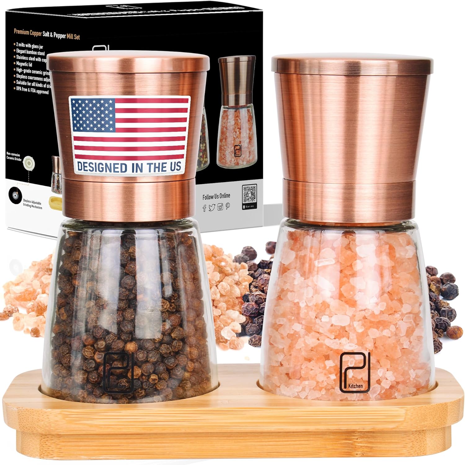 Premium Salt and Pepper Grinder Set with Bamboo Holder – 6 oz, Copper Stainless Steel – S&P Spice Shakers – Refillable & Adjustable Coarseness Hand Mill for Spices & Seasonings – by PJC-Kitchen