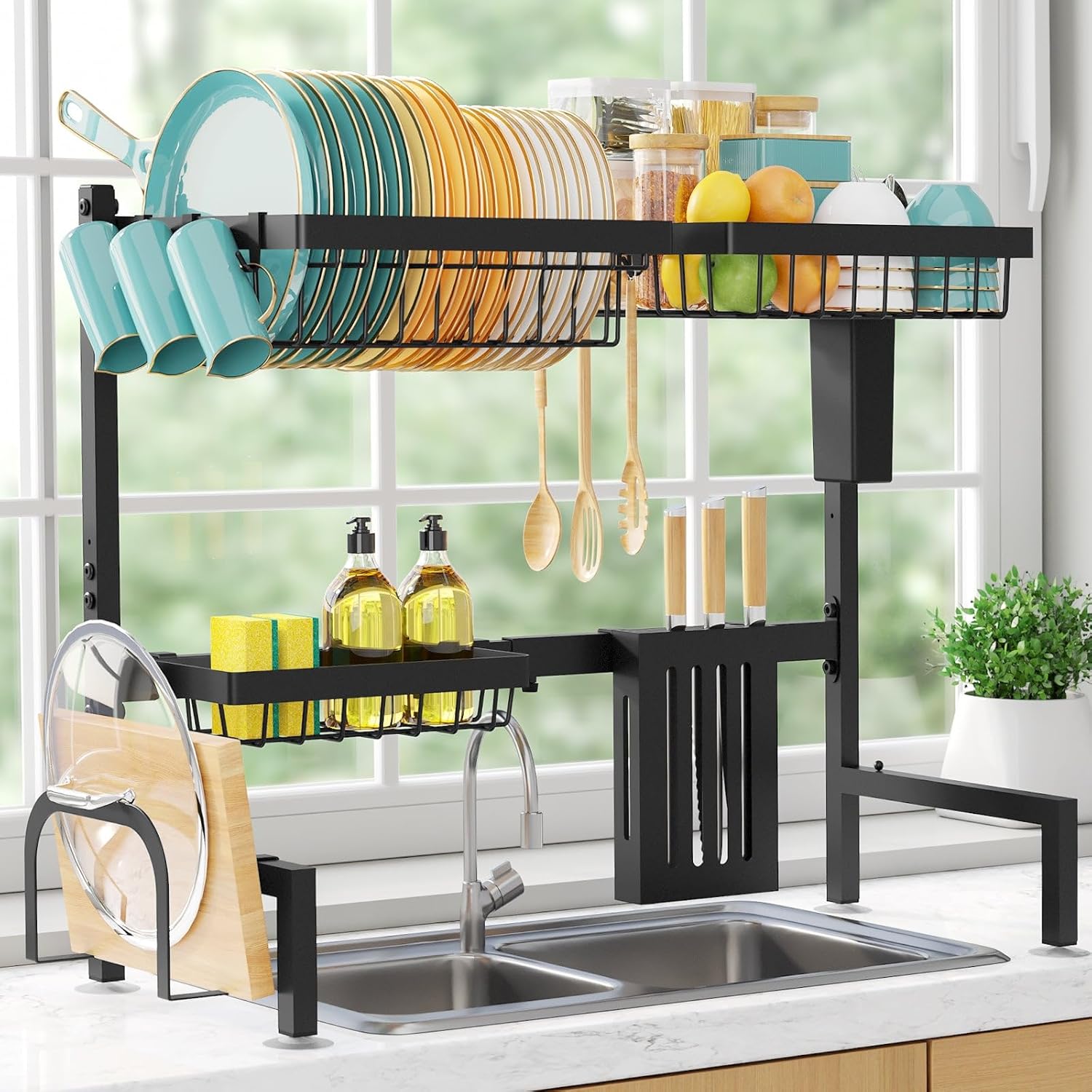 Sakugi Over The Sink Dish Drying Rack – Adjustable 2 Tier Large Capacity Stainless Steel Drainer with Cutlery & Utensil Holders, Kitchen Storage & Organization, 30″-33.9″ L x 11″ W x 21.5″ H, Black