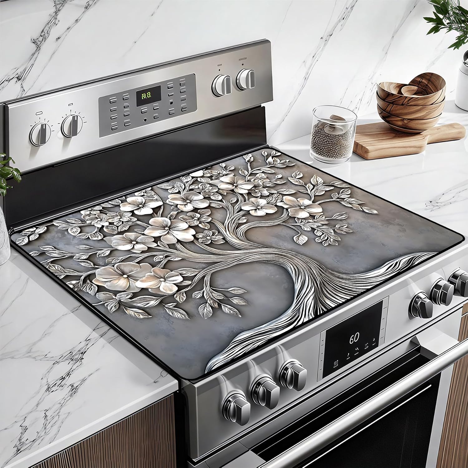 Heat-Resistant Glass Stove Top Cover with Anti-Slip Rubber Coating – Electric Stove Protector, Scratch-Resistant, Expands Counter Space, Stylish Kitchen Decor (Tree)