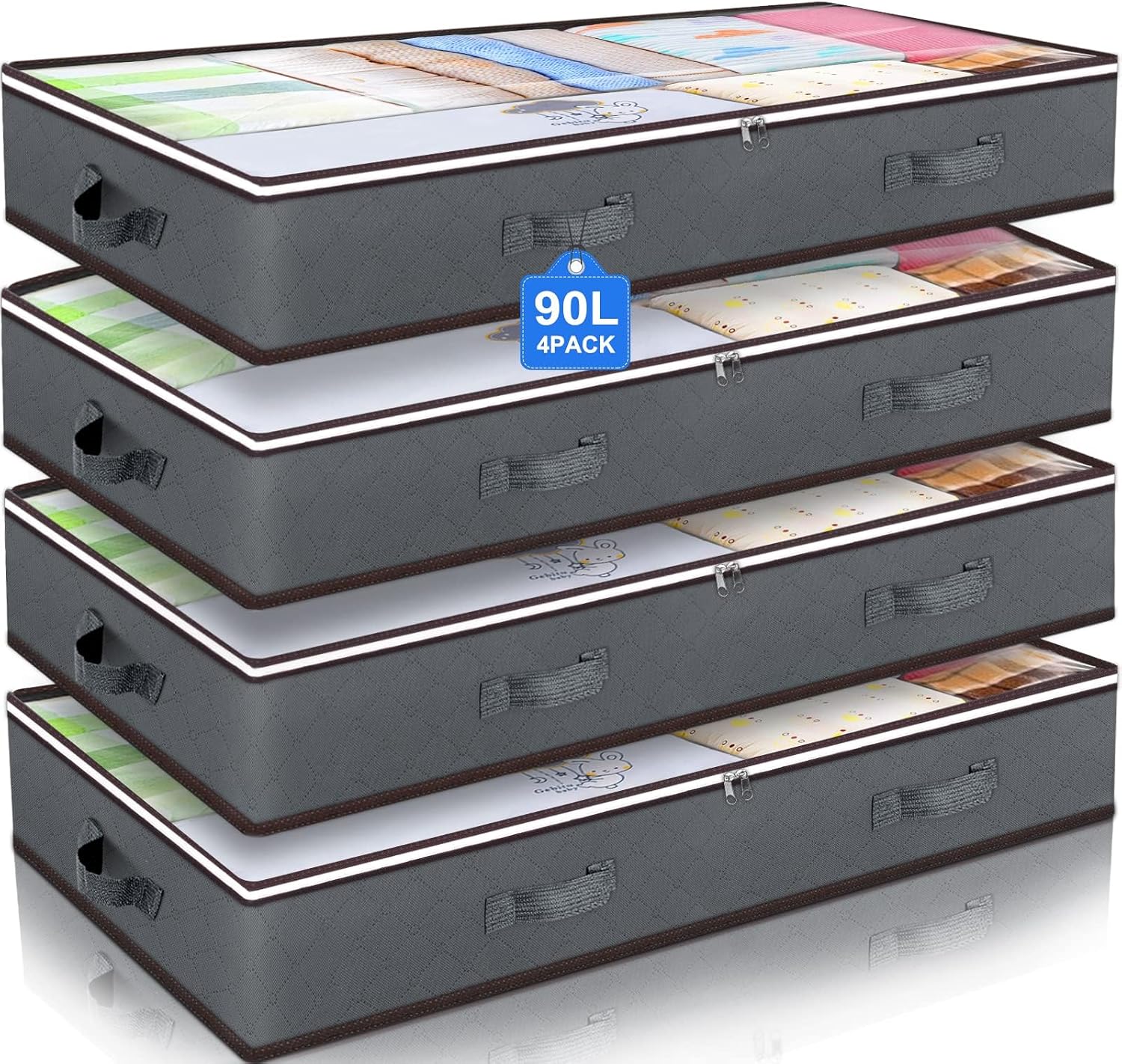 Budding Joy 90L Under Bed Storage Containers, Closet Organizers and Storage Bins, Foldable Underbed Storage Bags for Linen Sheets, Blanket, Clothing, Comforter, Sweaters, Pillows, Wrapping Paper, Grey