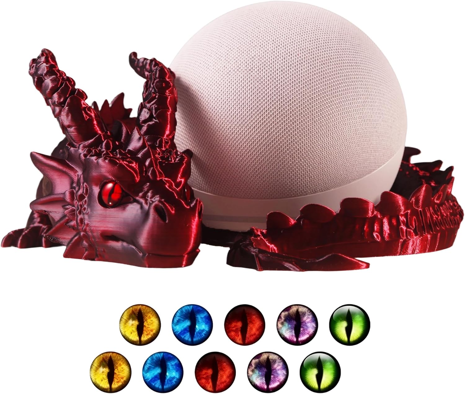Dragon Holder for Echo Dot 4th/5th Gen, 3D Printed Echo Dot Cover, 5 Color Eye Sets, Originally Designed Echo Dot Stand, Unique Echo Dot Case (Black Red)