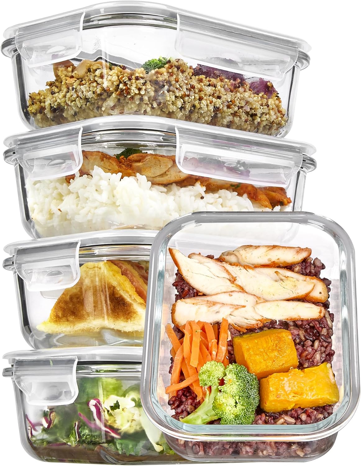 Vtopmart 5Pack 22oz Glass Storage Containers with Lids, Glass Meal Prep Food Container Sets with Snap Airtight Lids for Microwave, Oven, Freezer and Dishwasher, Grey