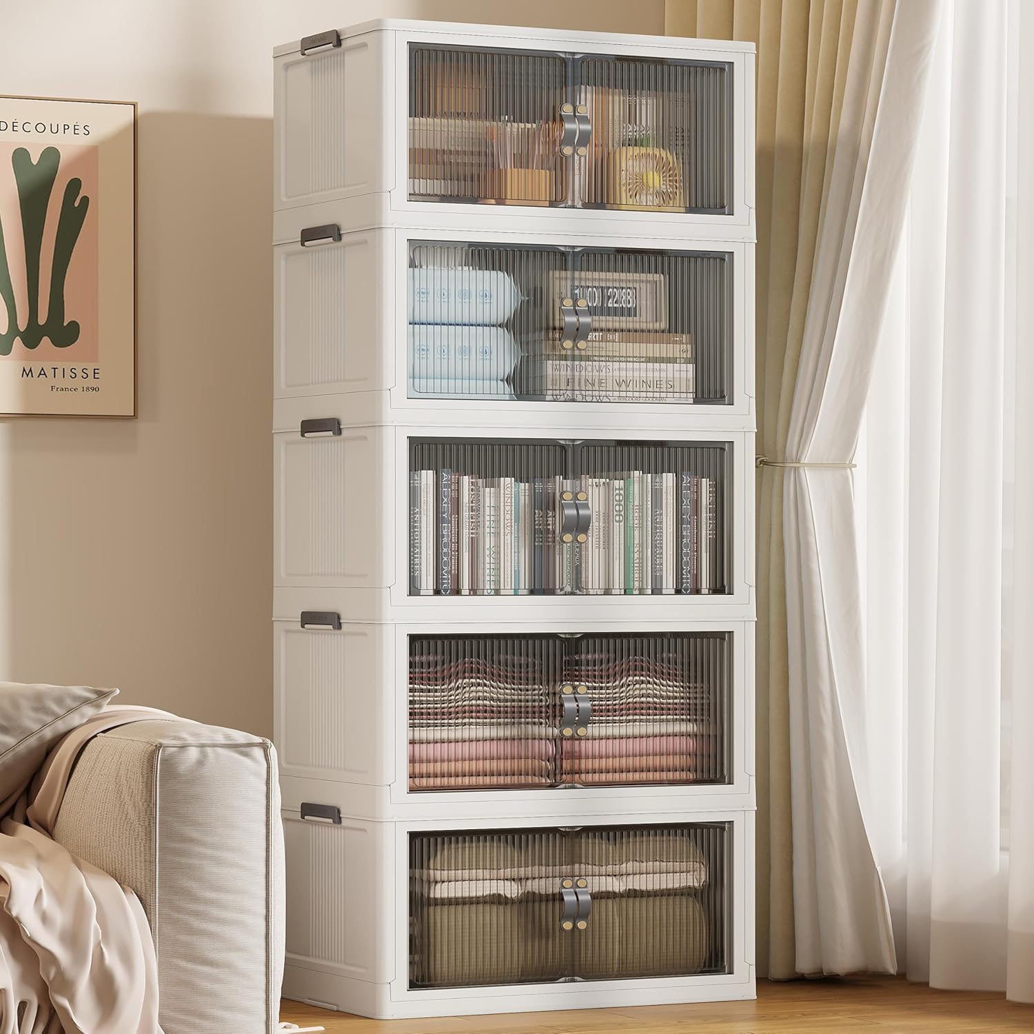 SAILUN 145Gal/580Qt Stackable Storage Bins Folding Collapsible Storage Bins with a Lid, Closet Organizers and Storage,White 26″ W x 17″ D x 71″ H