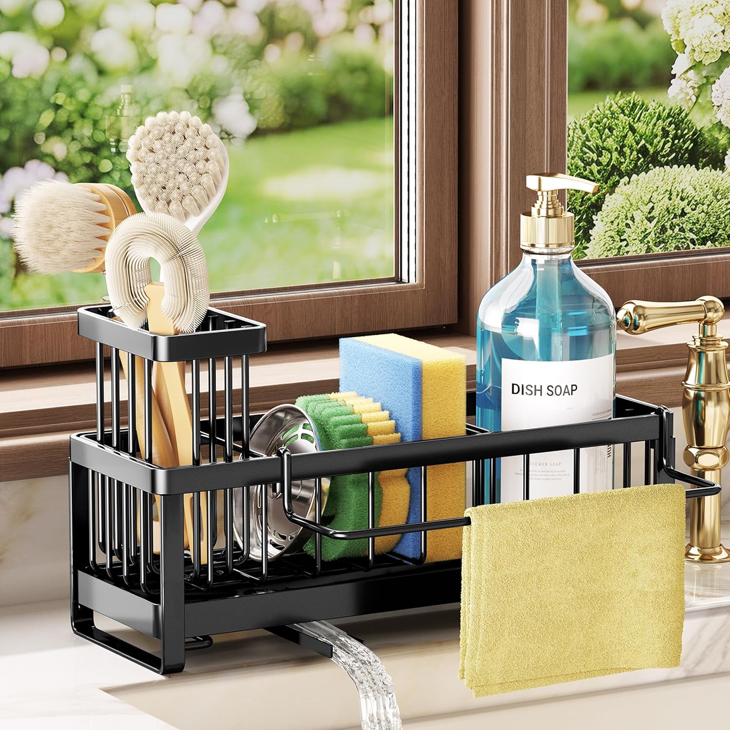 SWTYMIKI Sponge Holder for Kitchen Sink – Sink Caddy with Brush Holder Self-draining Sponge Caddy Organizer with Divider Stainless Steel Kitchen Accessories Storage for Countertop, Black