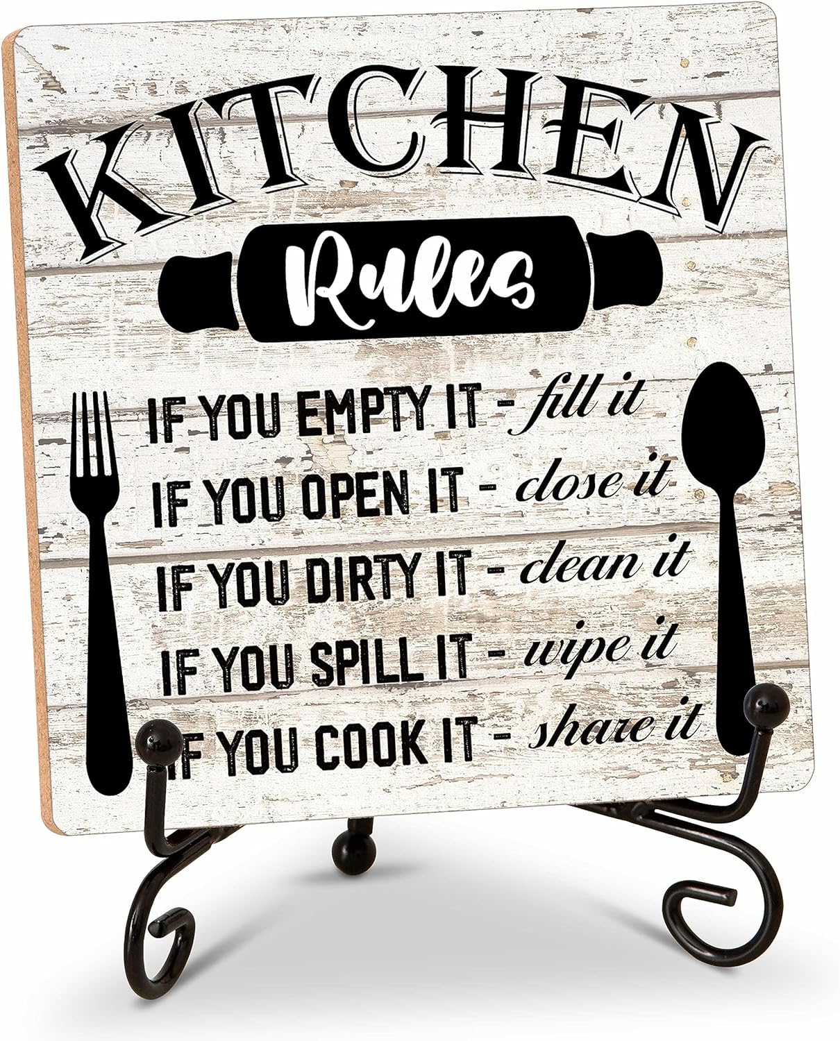 Rustic Wood Plaque with Stand – Kitchen Decor – Kitchen Rules Wood Sign – Idea Wooden Decor for Home Living Room Dining Room Shelf Table Decoration (31)