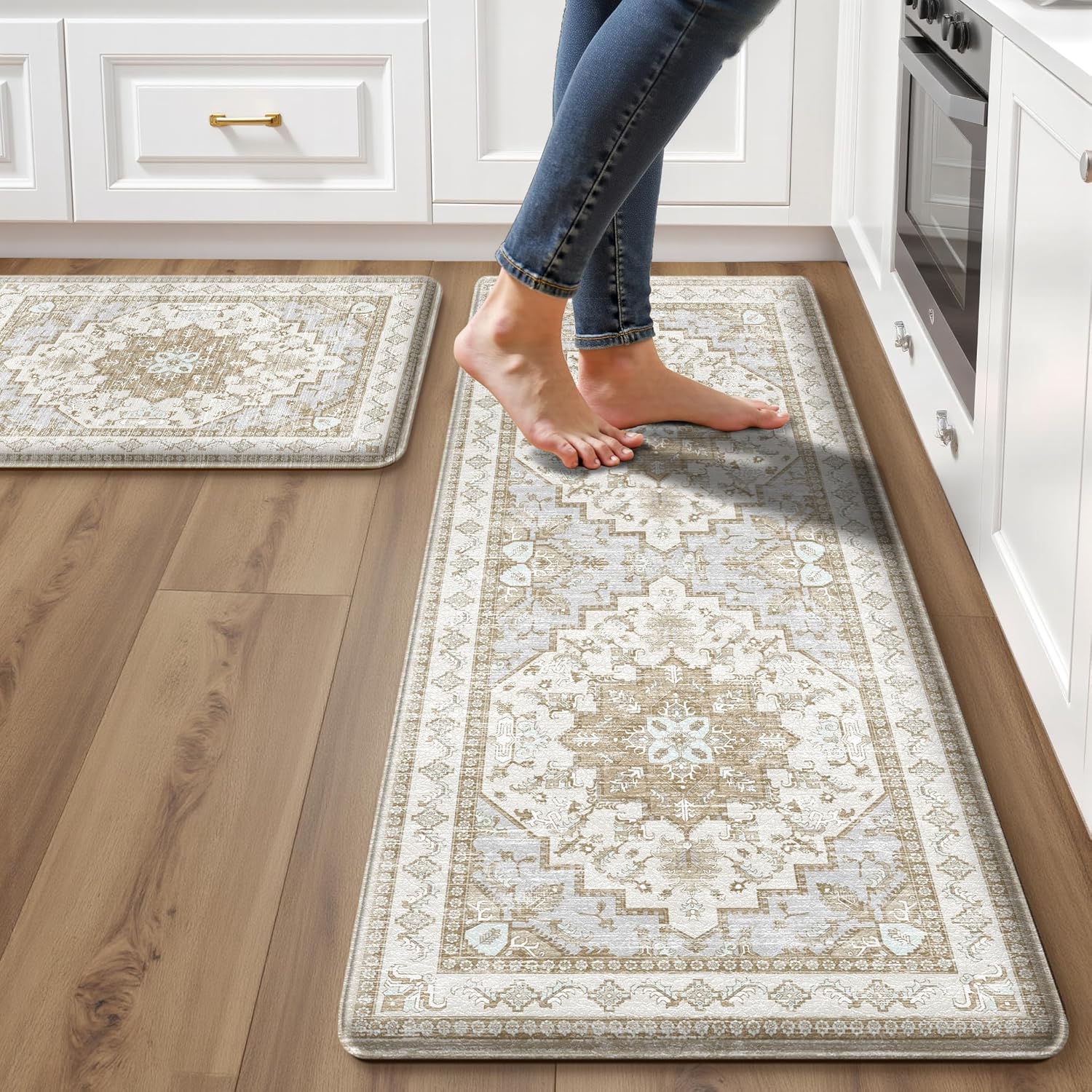 Boho Kitchen Mats for Floor 2 Piece Set Anti Fatigue Cushioned PVC Kitchen Rugs Non Slip Waterproof Farmhouse Mats 2/5 Inch Comfort Standing Mat for Sink, Laundry, 17.3″x47″+17.3″x28″, Beige Tan