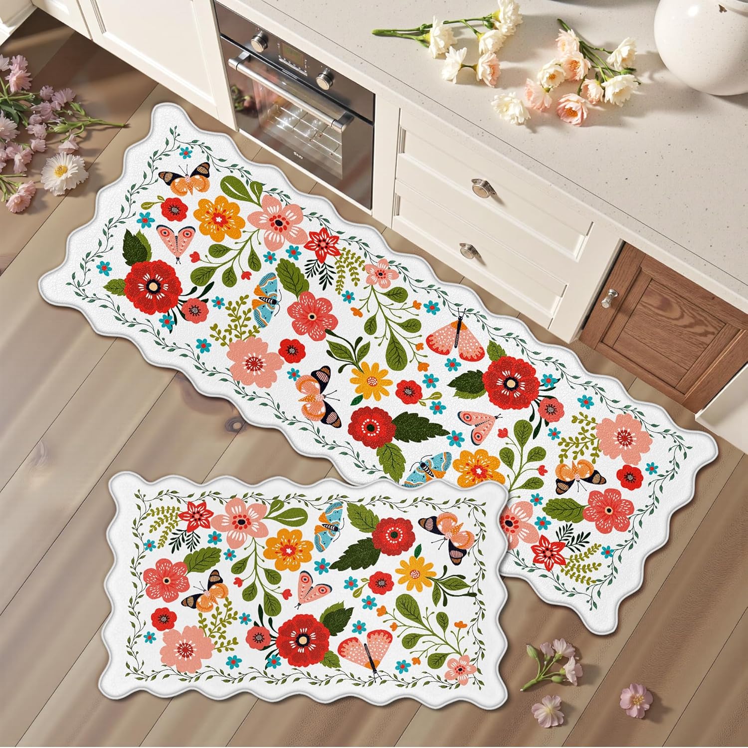 Arenarug Scalloped Kitchen Mats for Floor 2PC Cushioned Anti Fatigue Kitchen Mats Rugs Waterproof Non Slip Farmhouse Boho Floral Comfort Foam Standing Mat for Sink Laundry, White