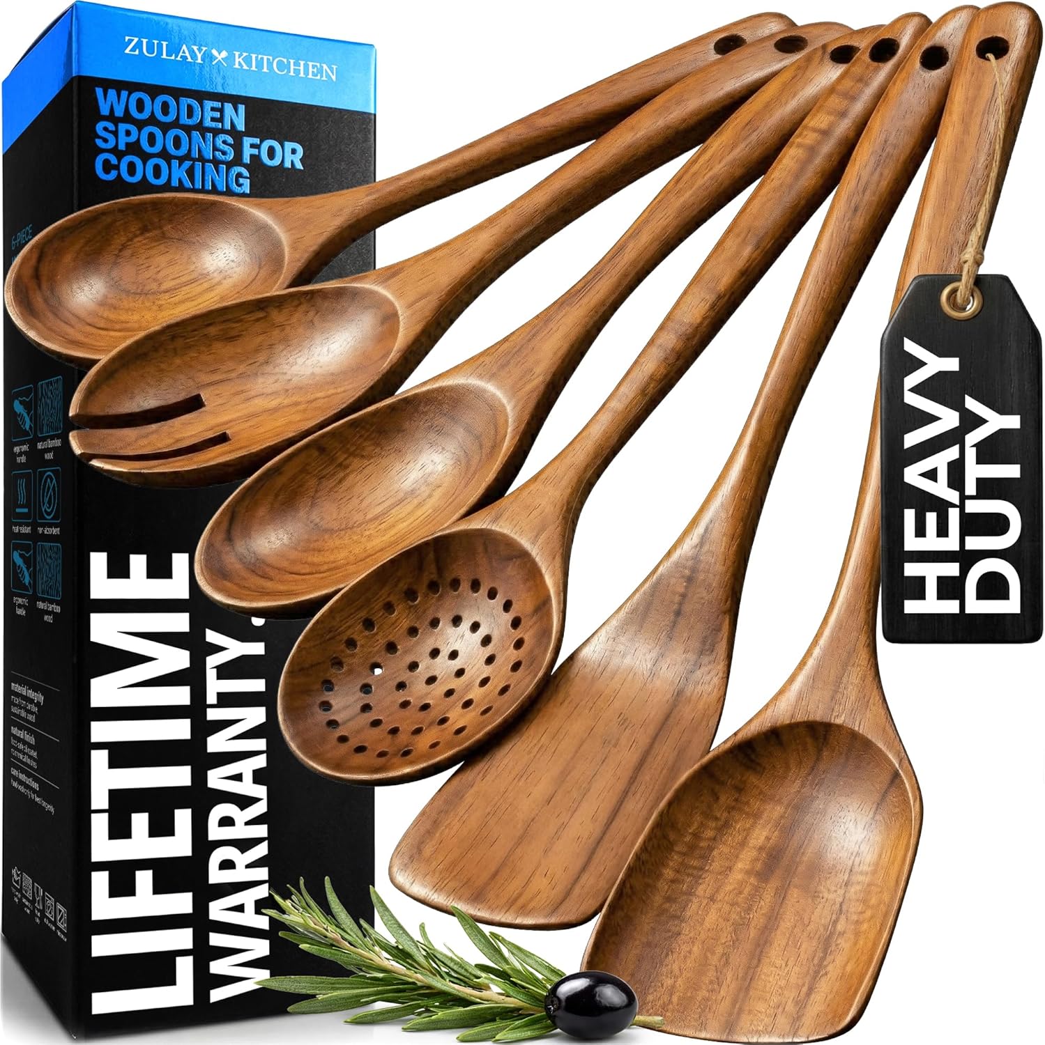 Zulay Kitchen 6 Piece Wooden Spoons for Cooking – Natural Teak Wooden Utensil Set, Easy to Clean, Durable, Smooth with Comfort Grip – Non Toxic Wooden Cooking Utensil Sets