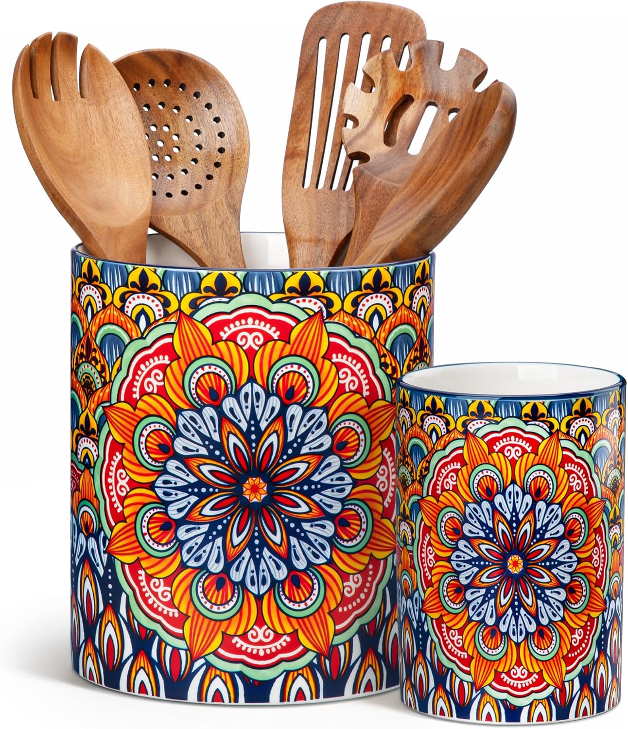 vancasso SIMI Utensil Holder, 7.3″+5.5″ Porcelain Kitchen Utensil Holder for Countertop, Bohemian Kitchen Utensil Organizer for Spatulas, Spoons, Ladles, Decorative Counter Utensil Crock, Regal Bloom