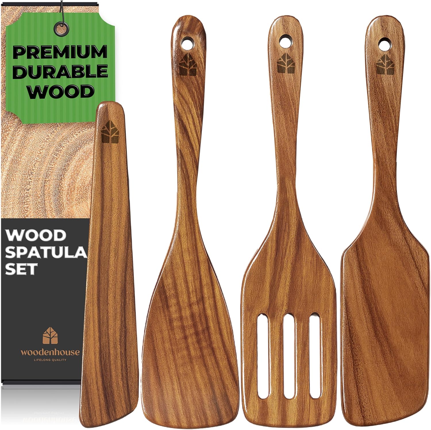 Wooden Spatula for Cooking – Natural Teak Wood Spatula for Non Stick Frying Pan – Wooden Cooking Utensils Set of 4 Including Paddle, Turner, Slotted Spurtle and Wood Scraper – Long Ergonomic Handles