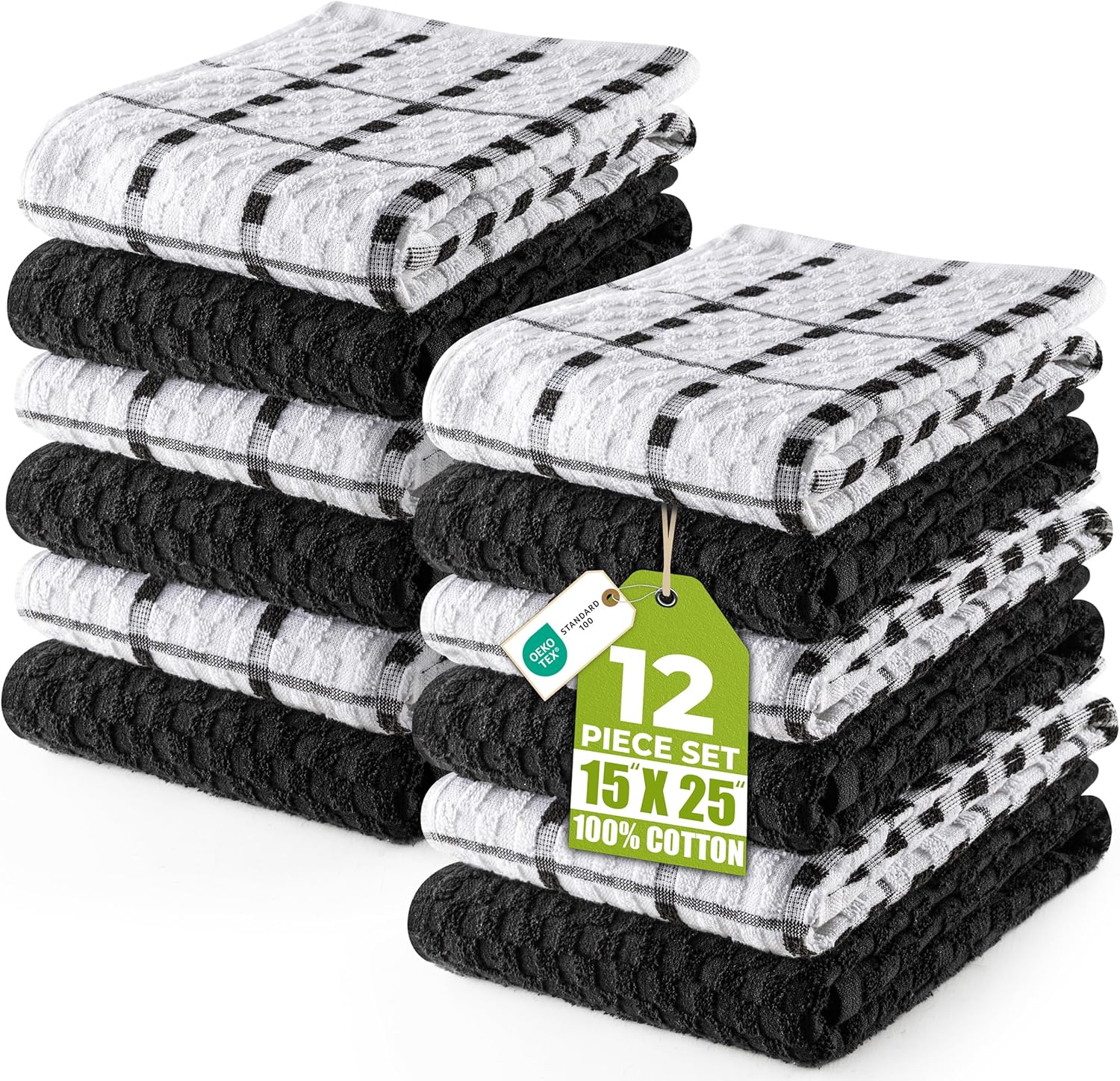 Utopia Towels – Kitchen Towels 12 Pack, 15 x 25 Inches, 100% Ring Spun Cotton Super Soft and Absorbent Linen Dish, Tea and Bar Towels Set, Black