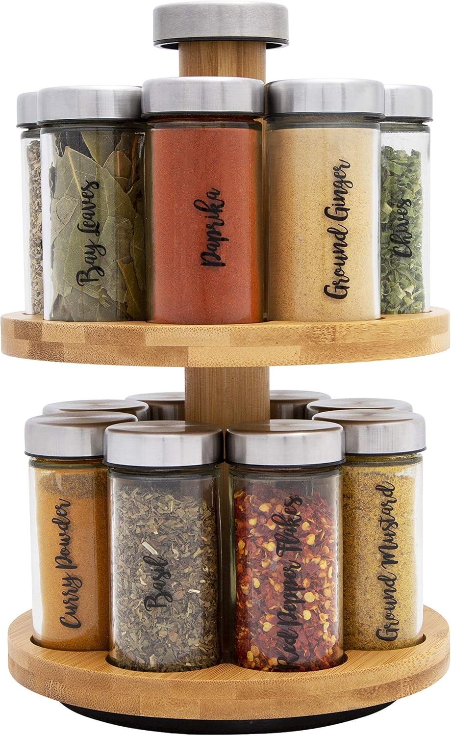 Orii 16 Jar Spice Rack with Spices Included & 5-Year Free Spice Refill Program – Rotating Countertop 2 Tier Tower Organizer for Kitchen Spices and Seasonings, (Bamboo Wood)