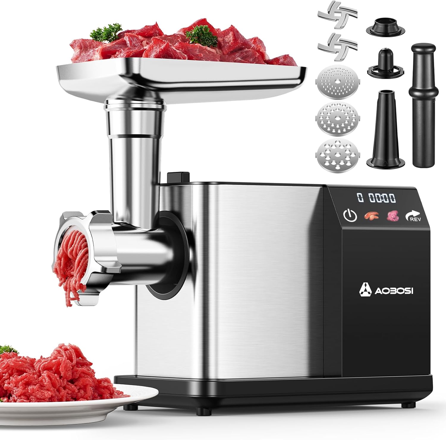 AAOBOSI Meat Grinder Electric 3000W Max with Touch Color Screen, Auto-Reverse & Built-in Storage – 3 Speed Settings,Grinding, Sausage & Kibbe Making for Home Use, Stainless Steel