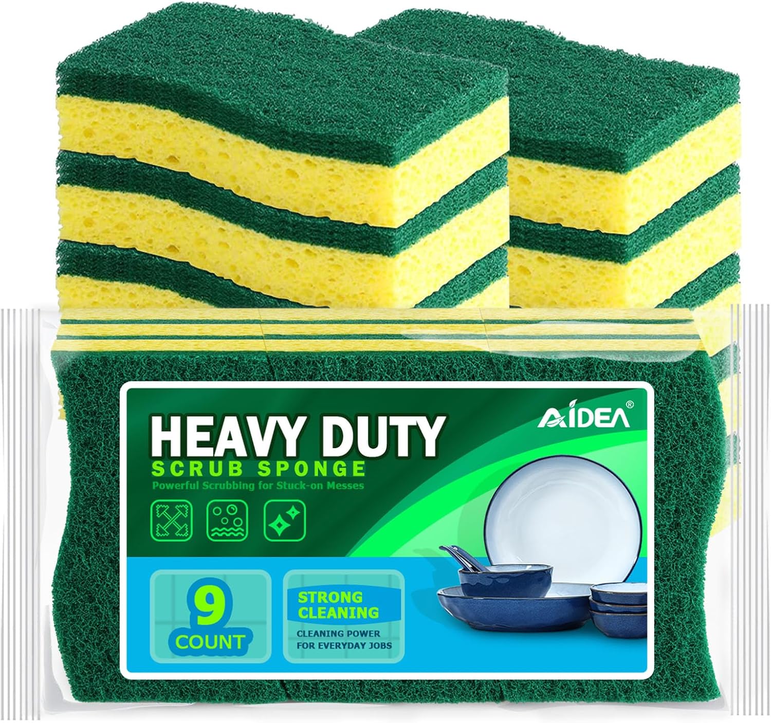 AIDEA Sponges Kitchen, 9Count, Dish Sponges, Heavy-Duty Sponge for Non-Coated Cookware, Scrubbing Power for Tough Messes, Cleaning Sponge for Kitchen, Bathroom, Household