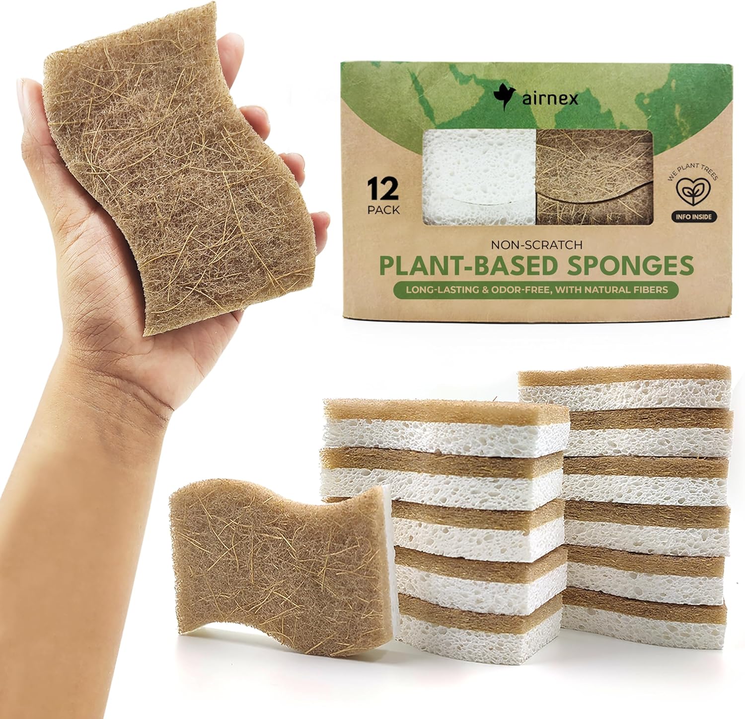 AIRNEX Natural Kitchen Sponges (12 Pack) – Biodegradable Cellulose & Coconut Scrubber Dish Sponges for Kitchen – Eco-Friendly, Non Scratch, Compostable, Non Toxic S-Shaped Natural Sponges for Dishes