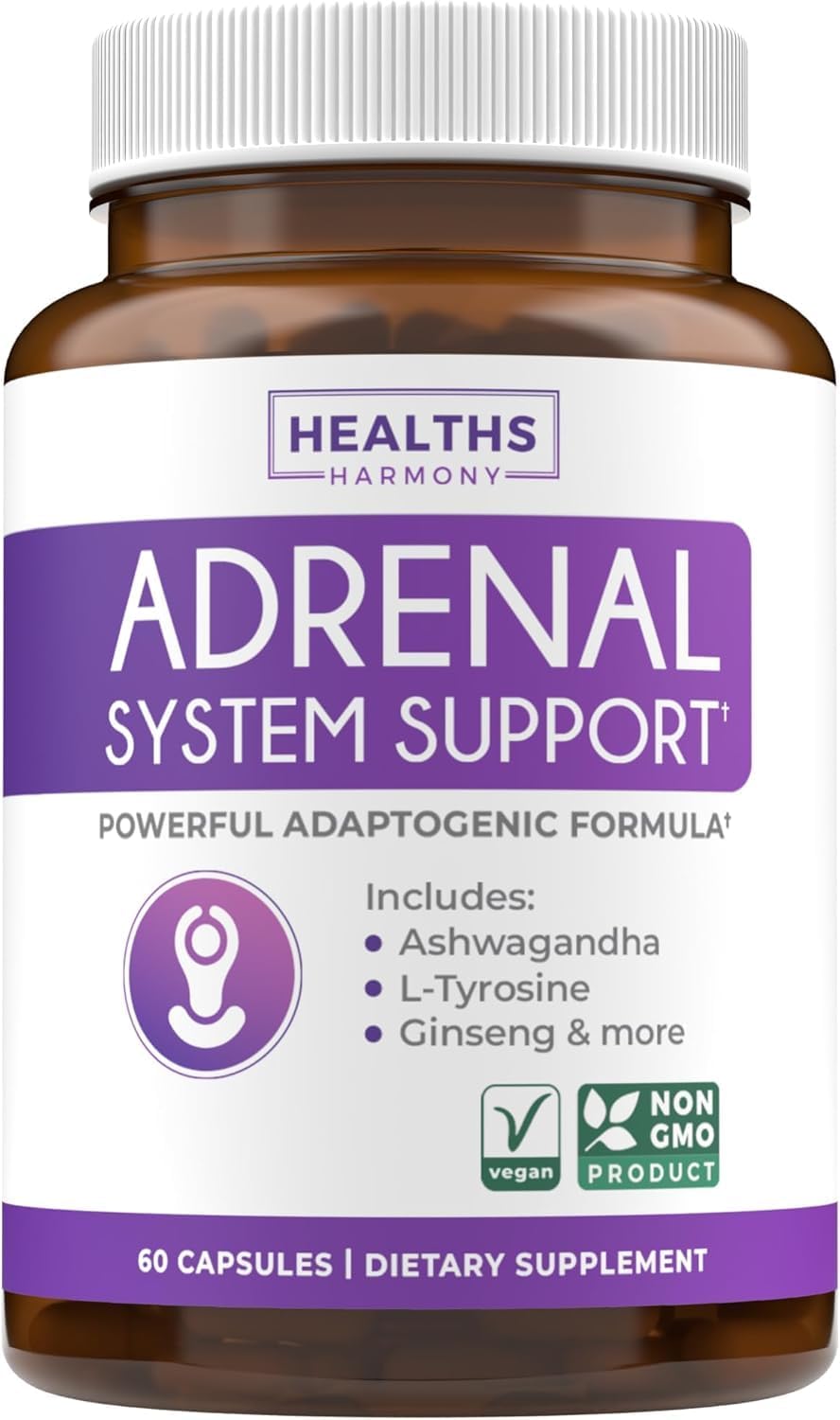 Adrenal System Support & Cortisol Manager (2 Month Supply) Powerful Ashwagandha & L-Tyrosine Fatigue Supplement – Maintain Balanced Cortisol Levels, Health, & Stress Relief – Non-GMO – 60 Capsules