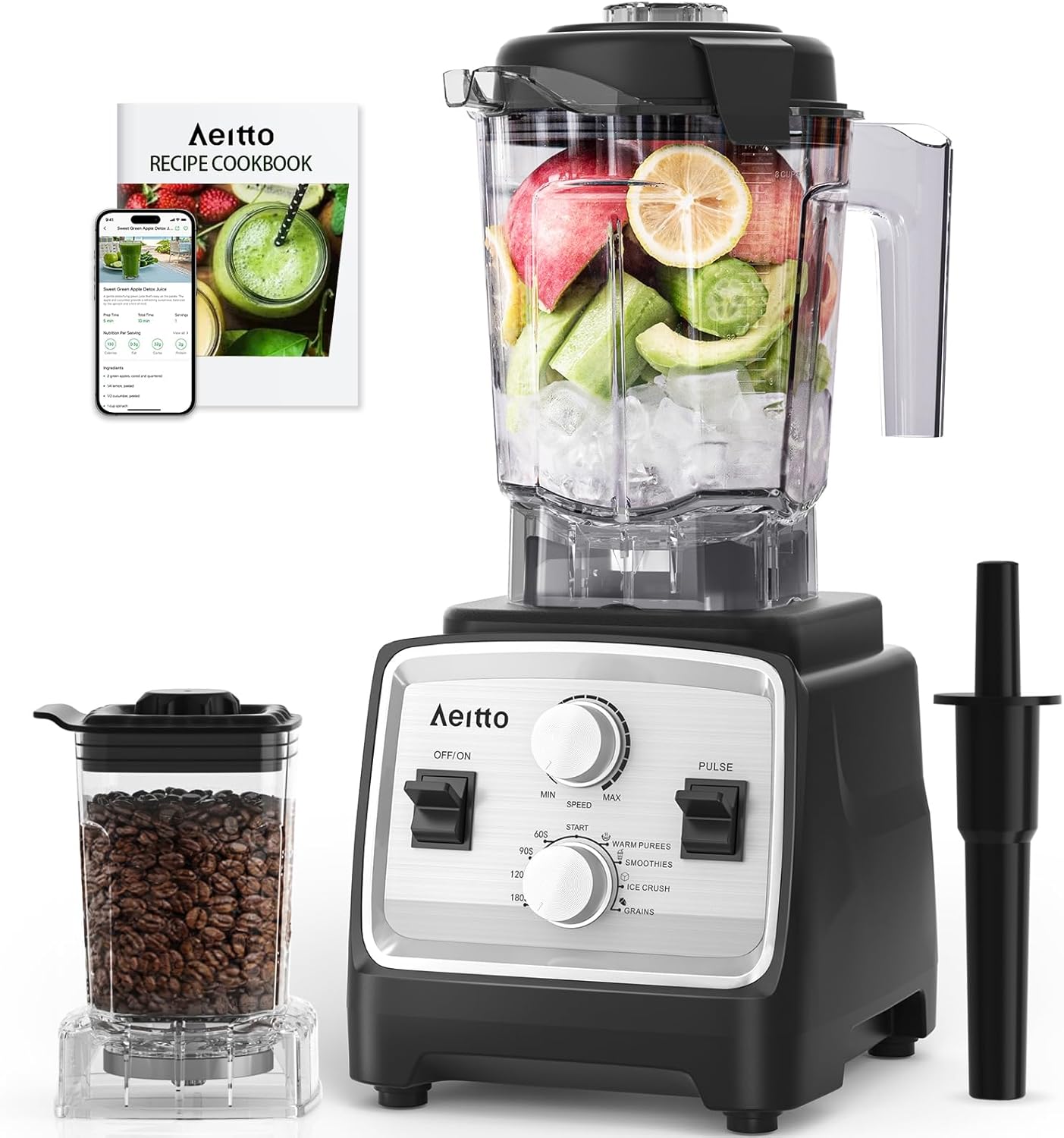 Aeitto Blenders for Kitchen with 1800W Motor, 68Oz. Large Capacity, 2-in-1 Blender & Grinder Combo, BPA-Free Countertop Professional Blender for Smoothies, Ice Crush, Frozen Drinks, Silver