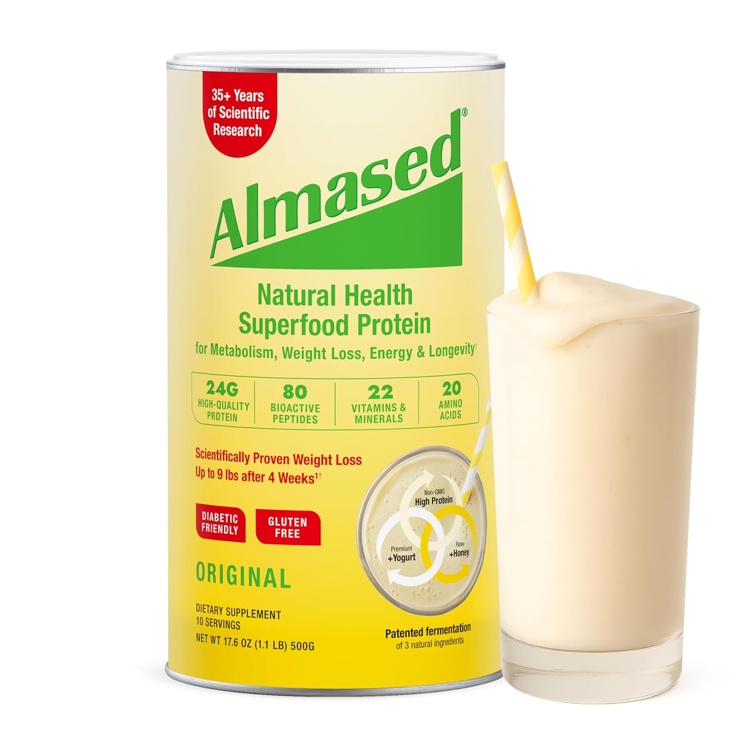 Almased Meal Replacement Shake – Low-Glycemic High Plant Base Protein Powder- Nutritional Weight Health Support Supplement – Original Flavor – 17.6 oz