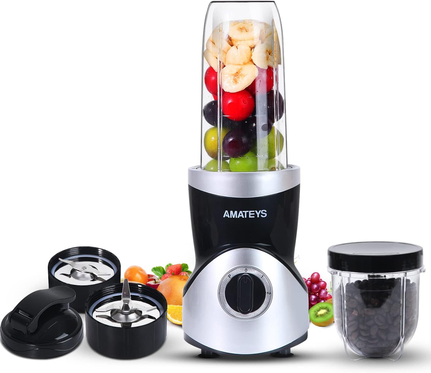 Amateys Personal Blender for Shakes and Smoothies,Professional Kitchenblender with Blending & Grinding Blades, Portable Coffee Grinder with 24/10 OZ Travel Bottles, Adjustable Speeds Juice Blender