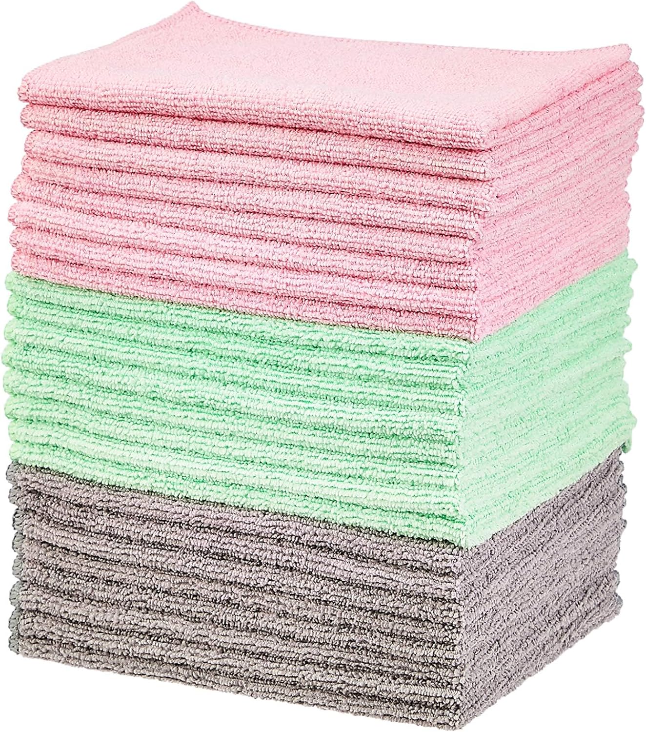 Amazon Basics Microfiber Cleaning Cloths, Ultra-Soft and Highly Absorbent, Streak-Free, Lint-Free, Scratch-Free, Washable, for Car Detailing and Glass Cleaning, 16″ x 12″, Green/Gray/Pink, 24-Pack