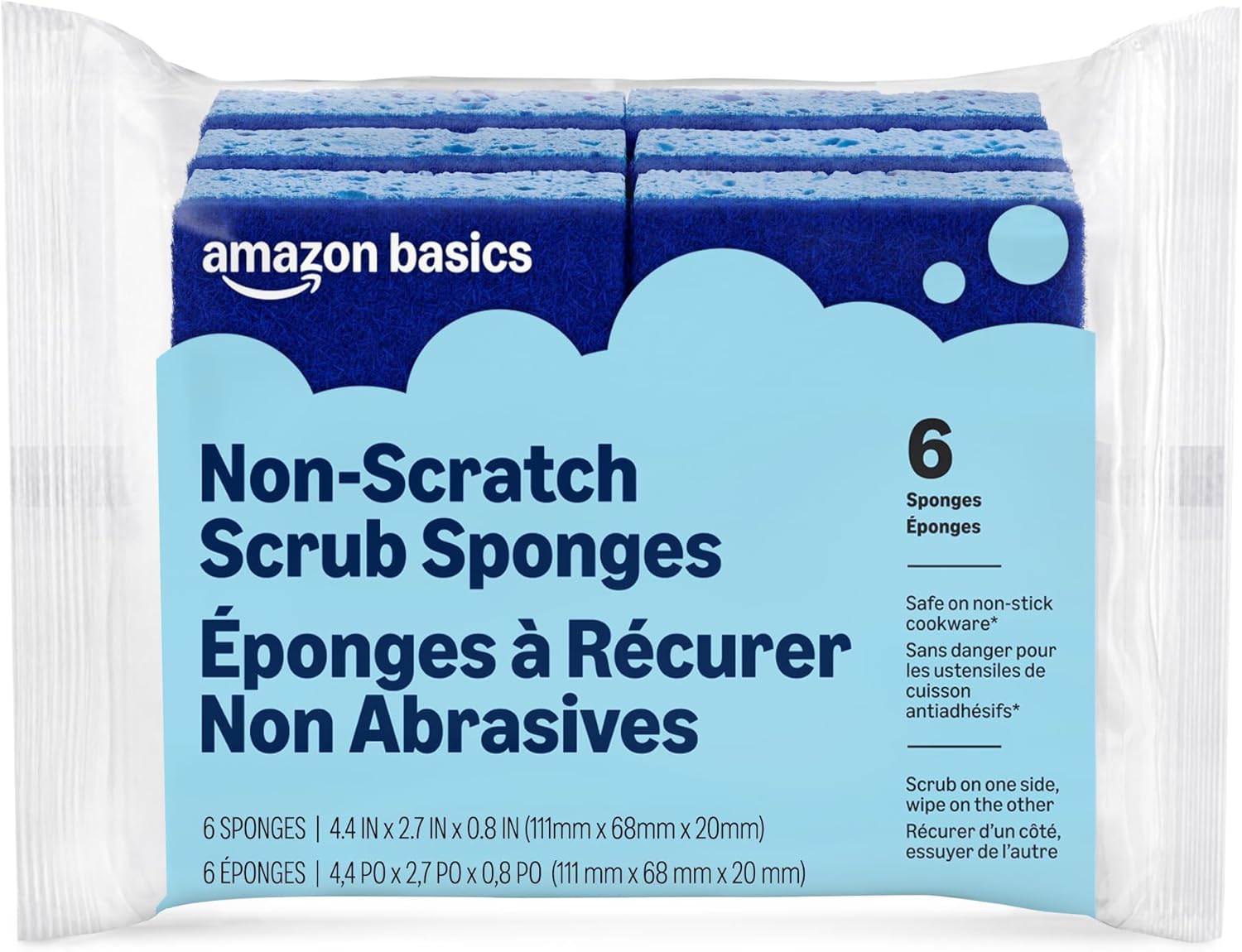 Amazon Basics Non-Scratch Dual-Sided Sponges for Nonstick Pots and Pans, Dish Scrubber, All-Purpose, 6-Pack, Packaging May Vary