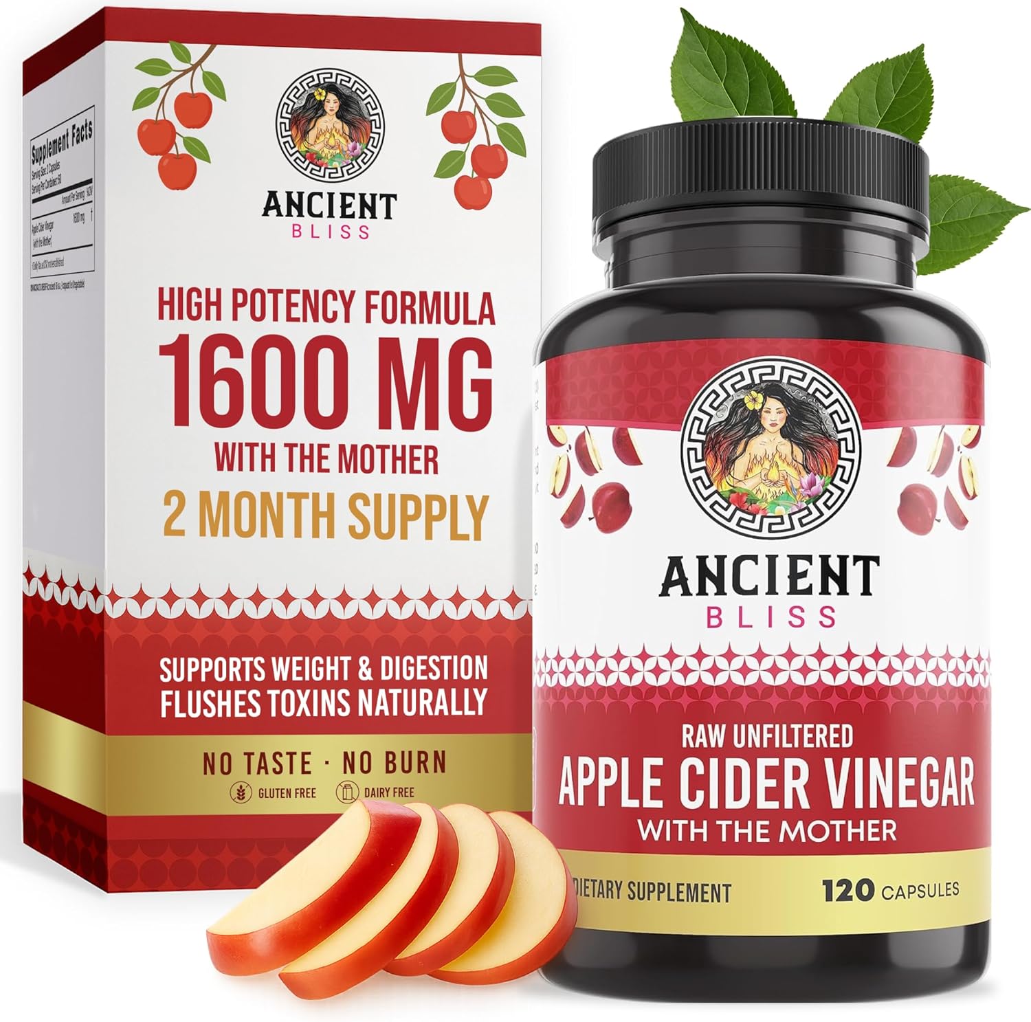 Ancient Bliss Apple Cider Vinegar Organic Capsules with The Mother, Helps Improve Digestion, Unfiltered Vinegar Capsules, 1600MG (120 Capsules)