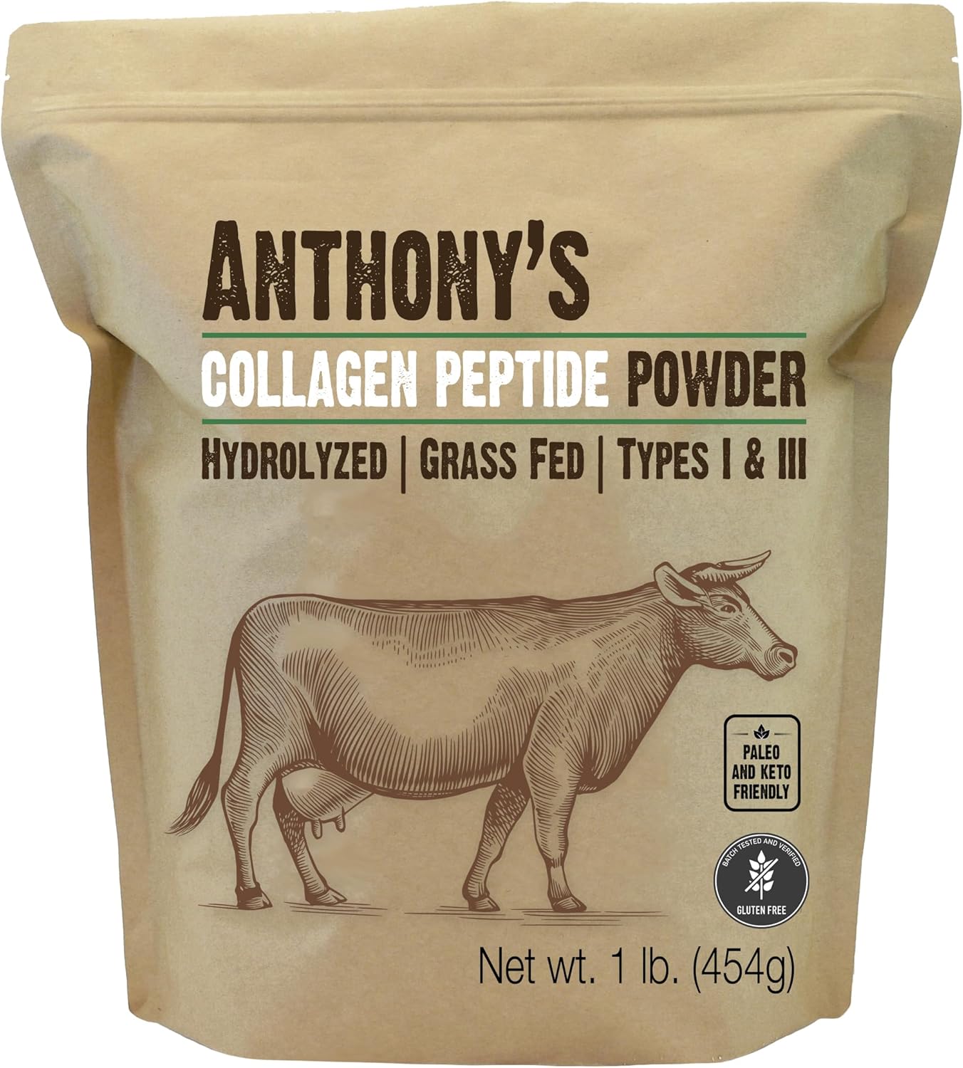 Anthony’s Collagen Peptide Powder, 1 lb, Pure Hydrolyzed, Gluten Free, Keto and Paleo Friendly, Grass Fed, Unflavored, Non GMO