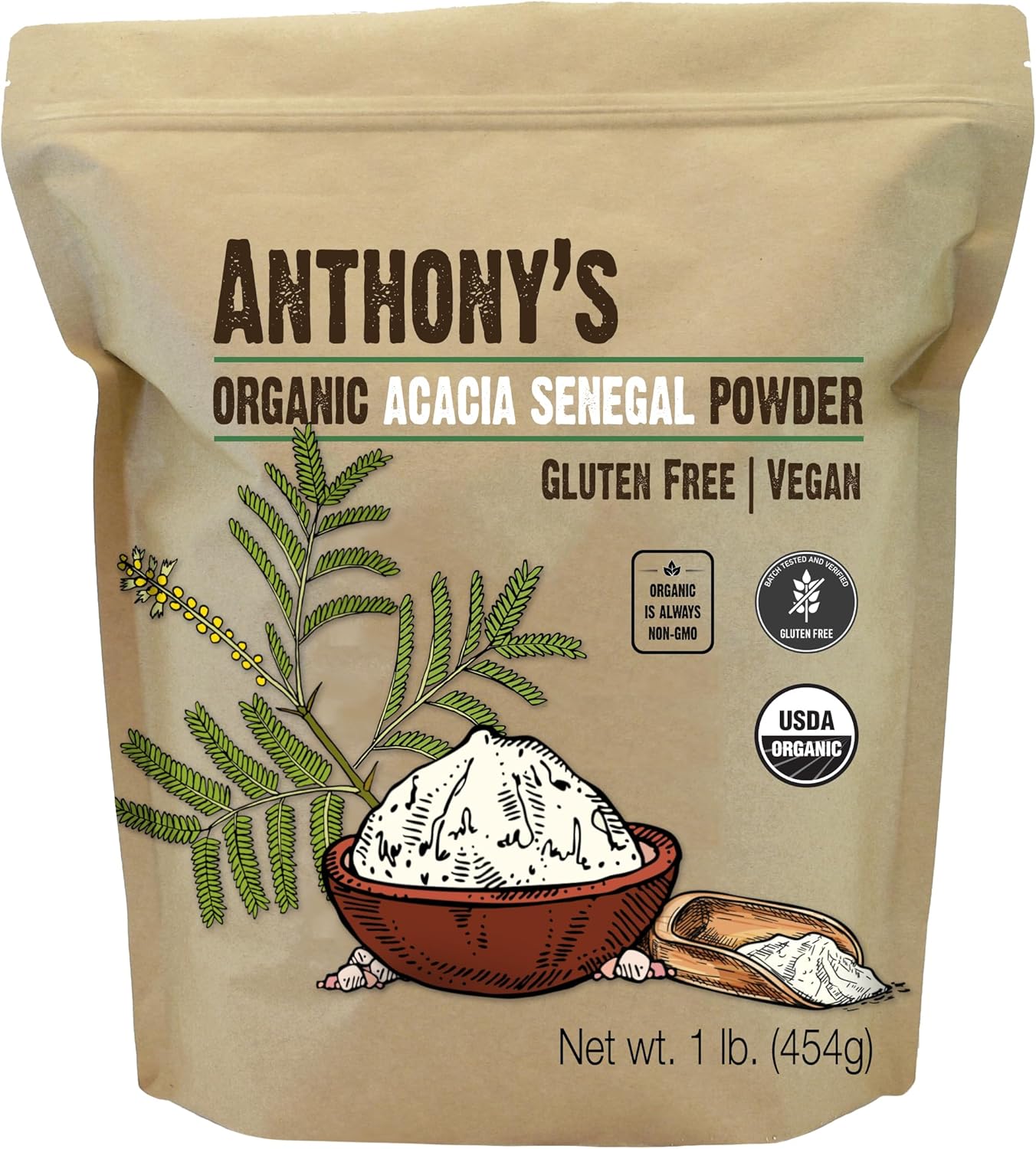 Anthony’s Organic Acacia Senegal Powder, 1 lb, Batch Tested Gluten Free, Non GMO, Soluble Fiber, Prebiotic