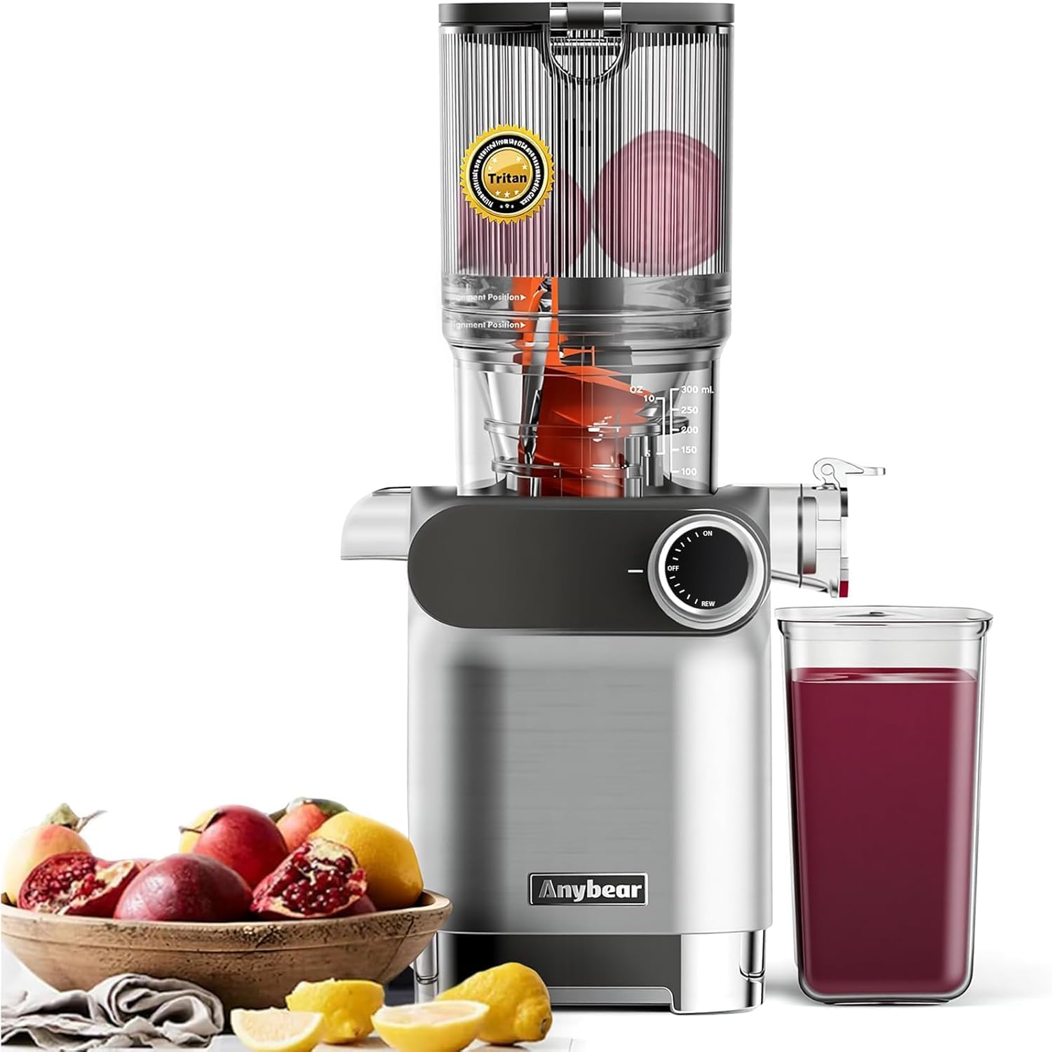 Anybear Cold Press Juicer 200W Masticating Slow Juicer 4.3″ Large Feed Chute Fit Whole Fruits Vegetables | Upgraded Auger | Tritan Material | BPA Free | Juice Recipes (Silver Gray)