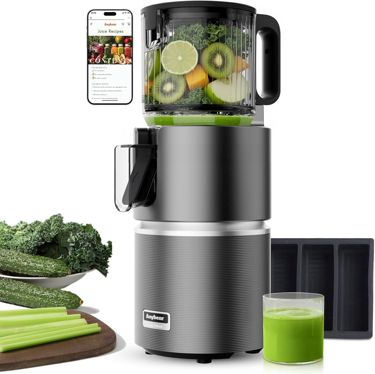 Anybear Cold Press Juicer with 4.9″ Large Feed Chute, 350W Masticating Juicer Machines with Dual Slow-Squeezing Technology for Whole Fruits & Veggies with High Yield | BPA-Free Tritan (Grey)