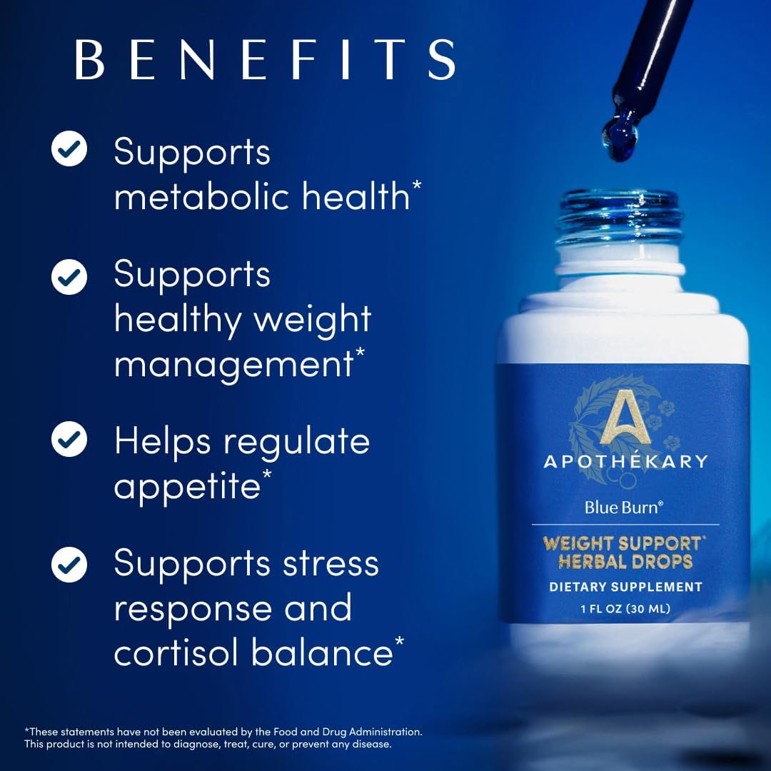 Apothékary Blue Burn Herbal Supplement Liquid Drops, Metabolism and Weight Management Support, Clinically-Tested, Made in the USA, 3.4 Fl Oz, 100 Servings