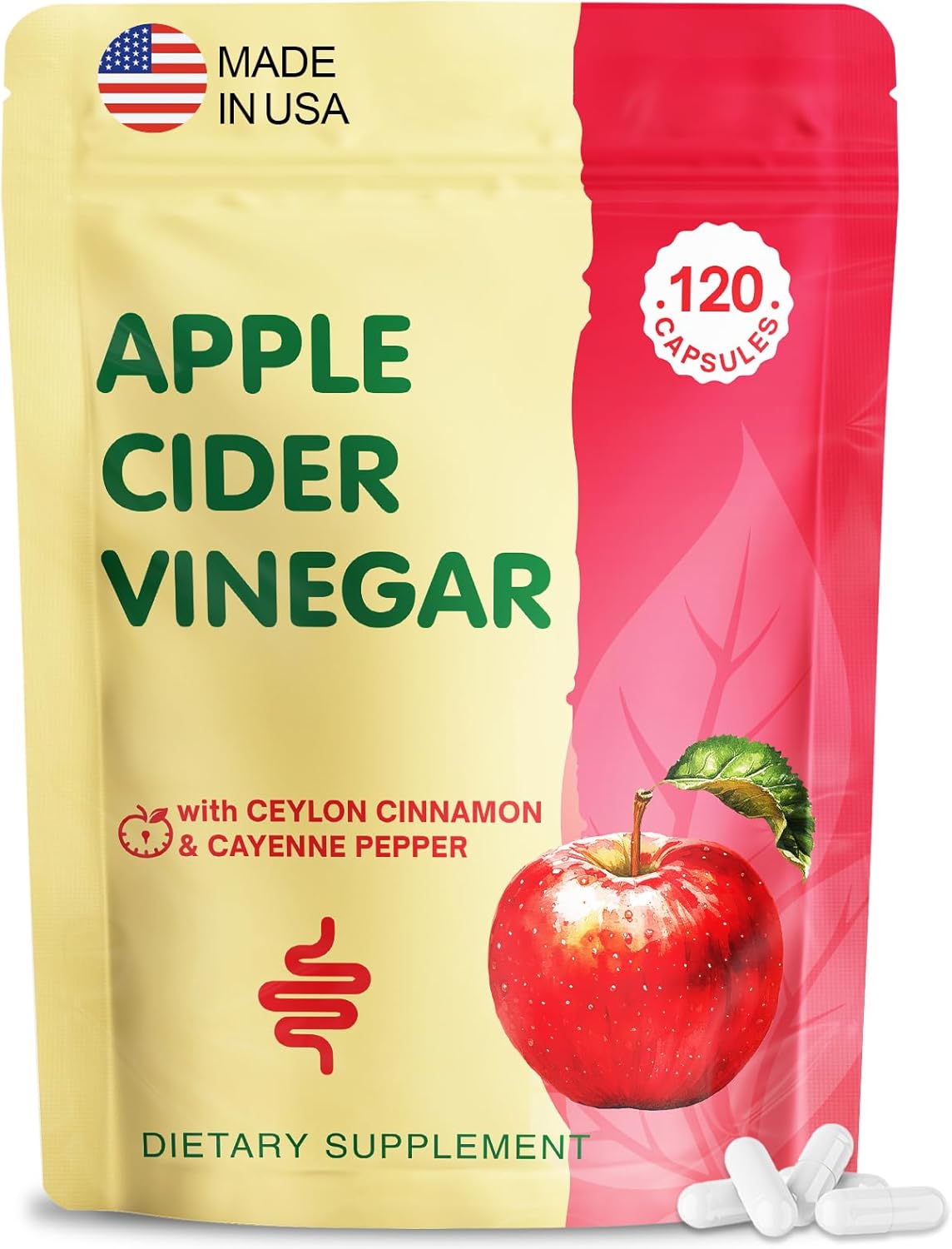Apple Cider Vinegar Capsules with Mother, ACV Pills Supplements with Organic Cayenne Pepper & Ceylon Cinnamon, Inulin, Probiotics for Diet, Digestion, Detox, Immune, Vegan, 120 Ct