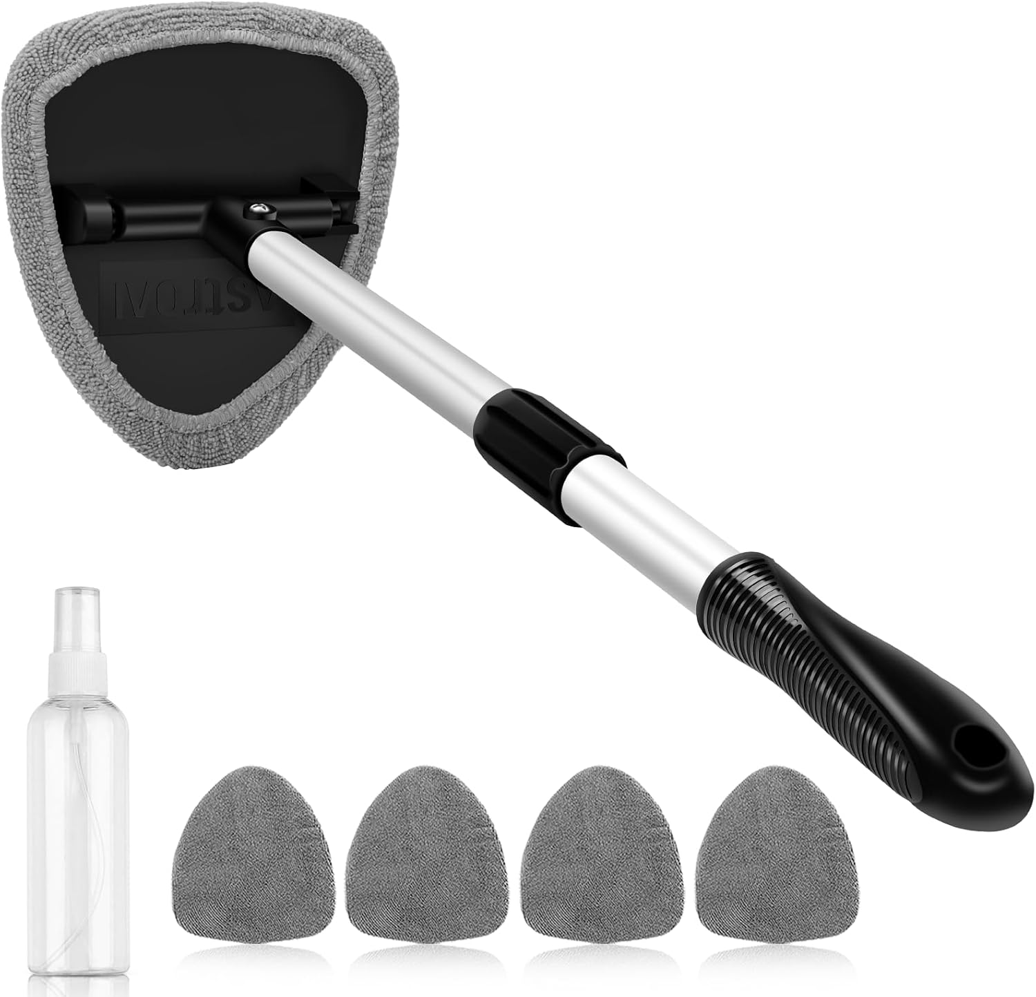 AstroAI Windshield Cleaner Tool, Car Interior Window Detailing Cleaning Kit with Extendable Handle and 4 Easy-to-Install Reusable Microfiber Pads, Auto Glass Wiper Brush Kit for Car&Home, Gray, 21in