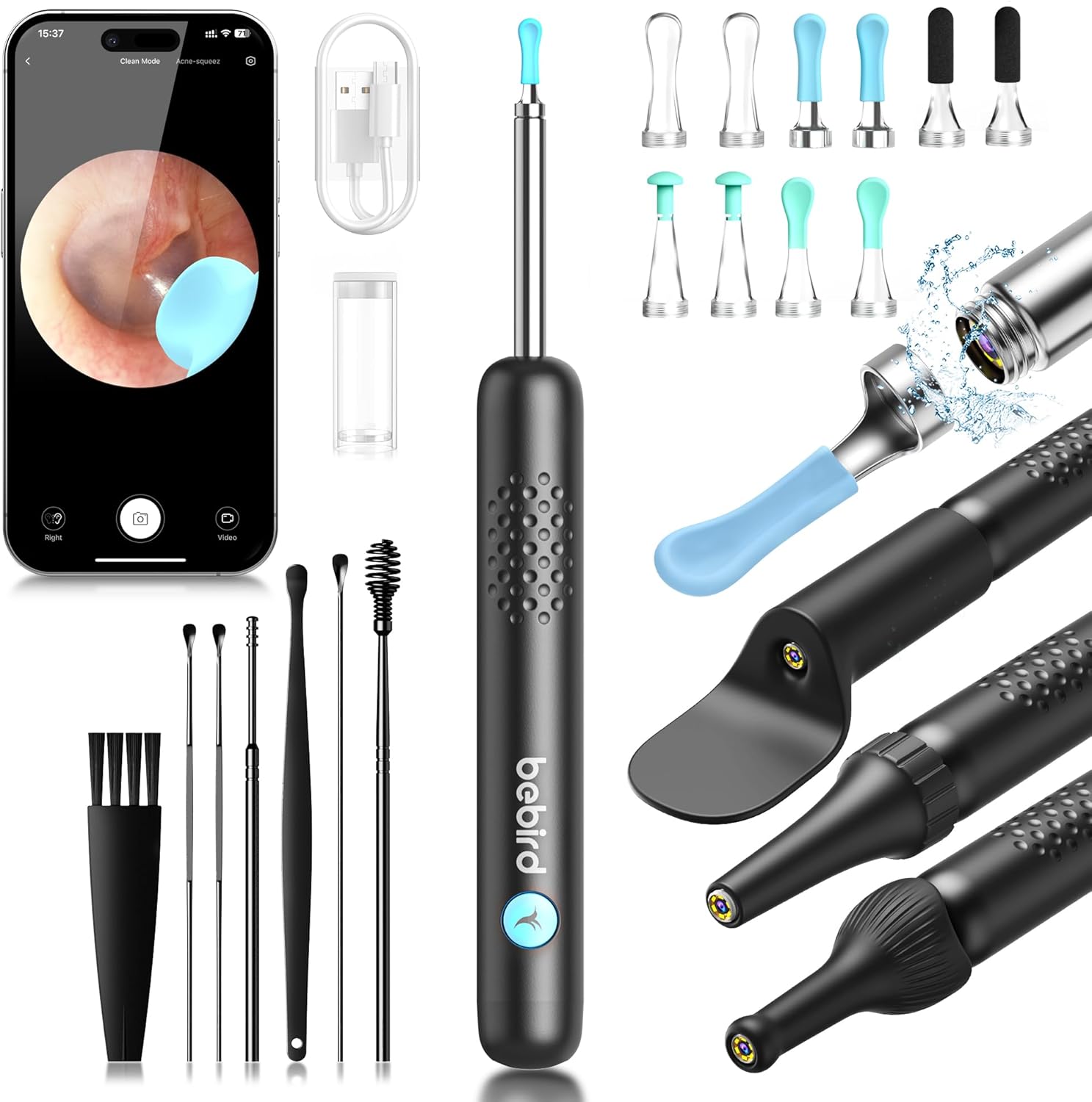 BEBIRD R1 Wax Removal Tool for Ear – Spade Ear Canal Cleaner with Camera 1080P Earscope, Wax Remove Ear Picker with Vari Replacement Tips, Camera with 6LED Light for Ear/Nose/Throat Examination, Black