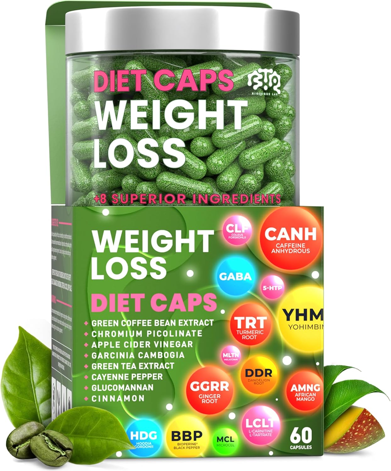 BIOTEQUELAB Weight Loss Diet Capsules, Natural Appetite Suppressant, Day & Night Fat Burner for Women & Men with Apple Cider, Green Coffee Bean Extract, Metabolism Booster Supplement – 60 Pills