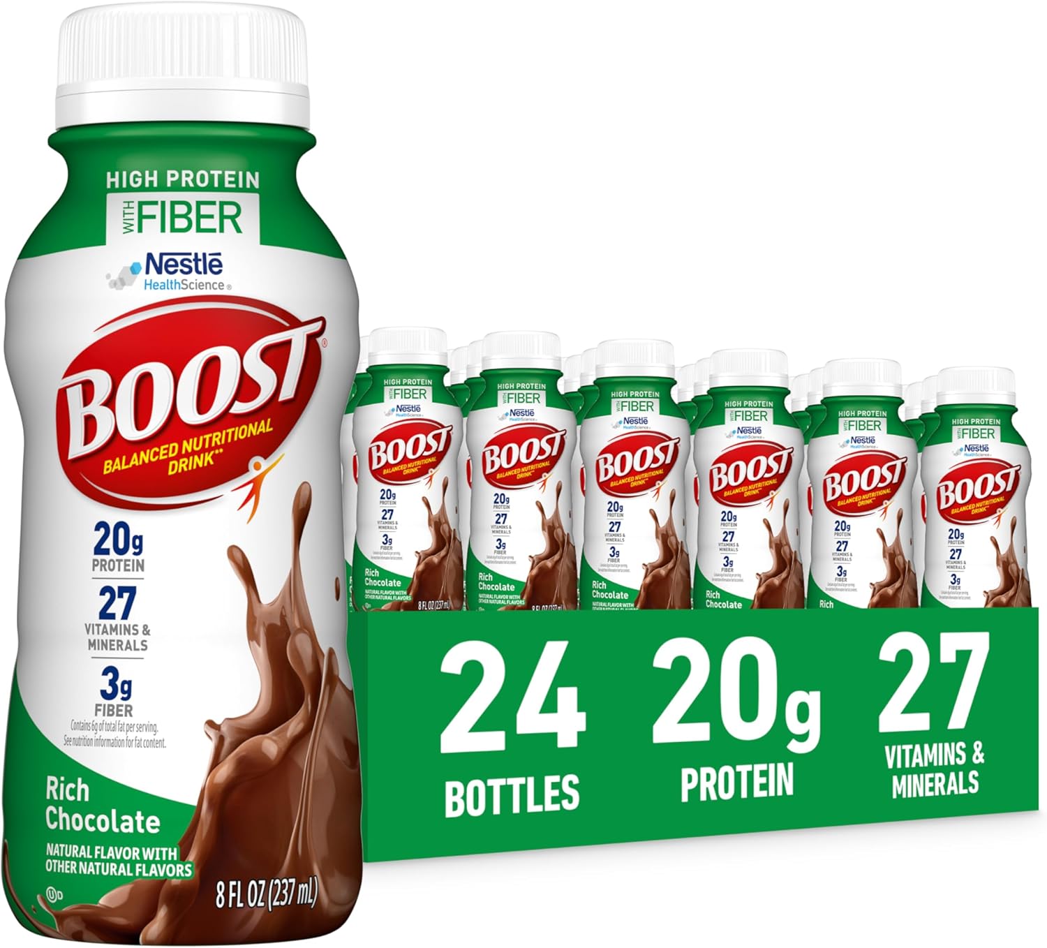BOOST High Protein with Fiber Ready to Drink Complete Nutritional Drink, Rich Chocolate, 8 fl oz Bottle, 24 Pack