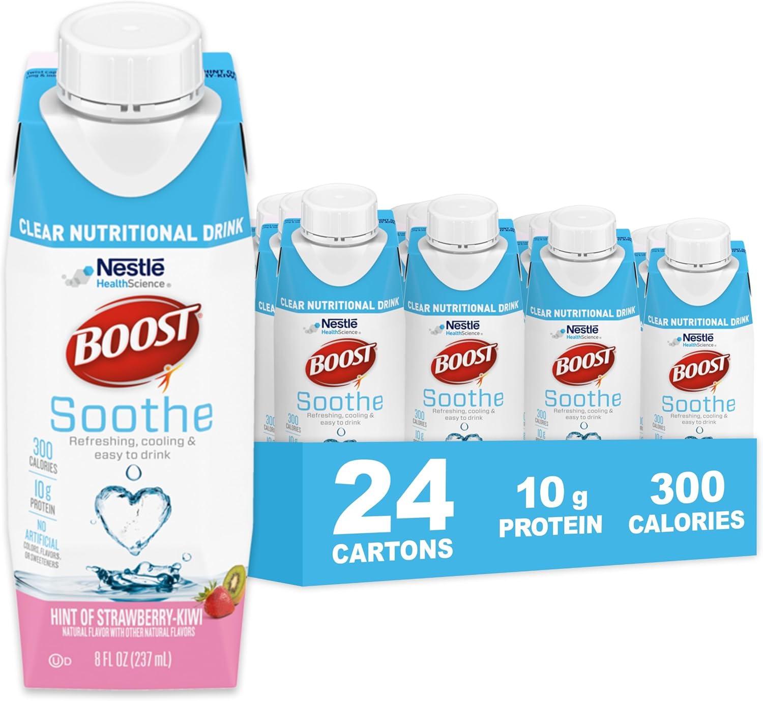BOOST Soothe Clear Nutritional Drink – Cooling sensation – 300 Calories – 10 g Protein from Whey Protein Isolate – Hint of Strawberry Kiwi Flavor – 8 fl oz (Pack of 24)